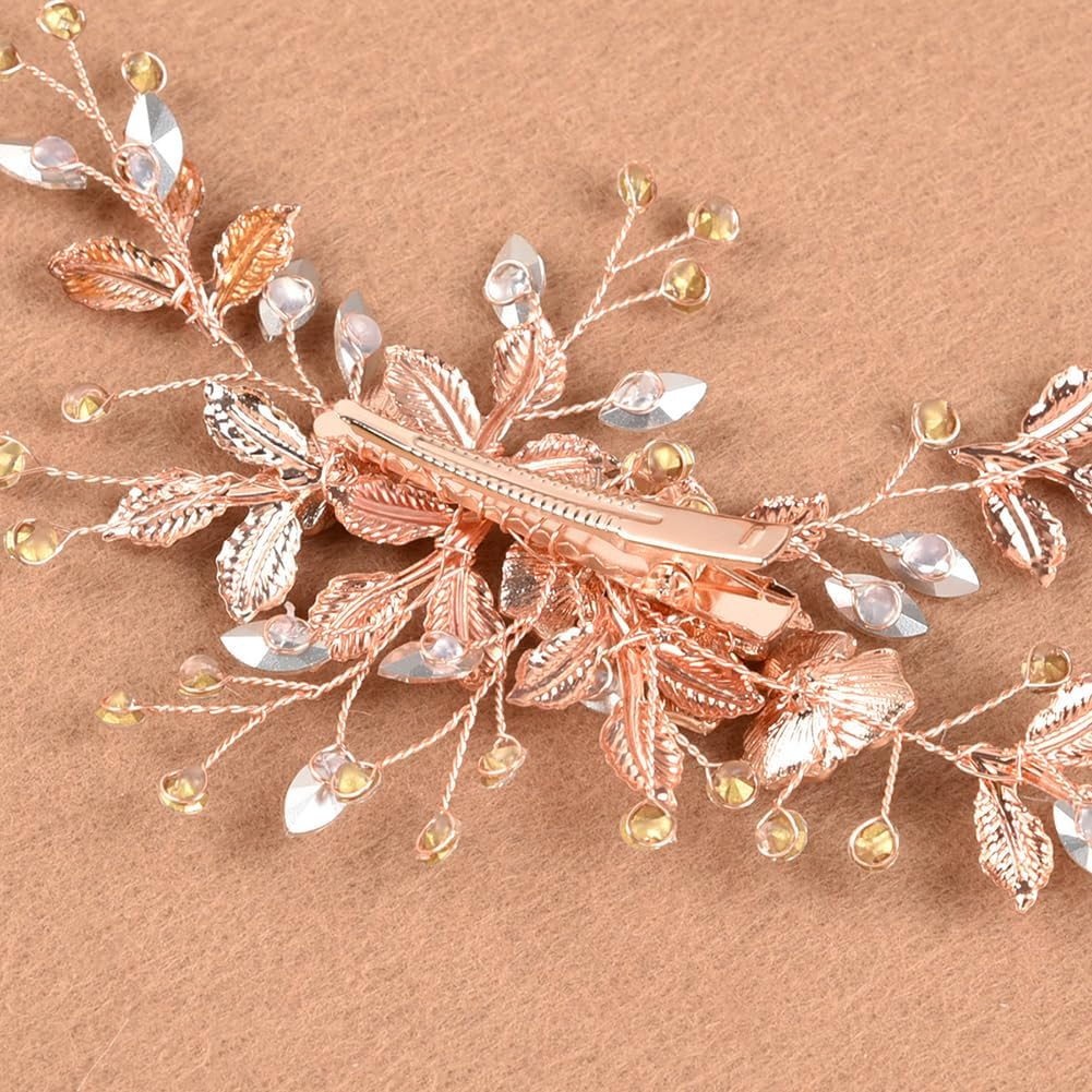 Rose Gold Bridal Hair Clip Flower Rhinestone Hair Clips Wedding Crystal Hairpins Elegant Bridesmaid Hair Clips Bridal Shower Hair Accessories image number 2