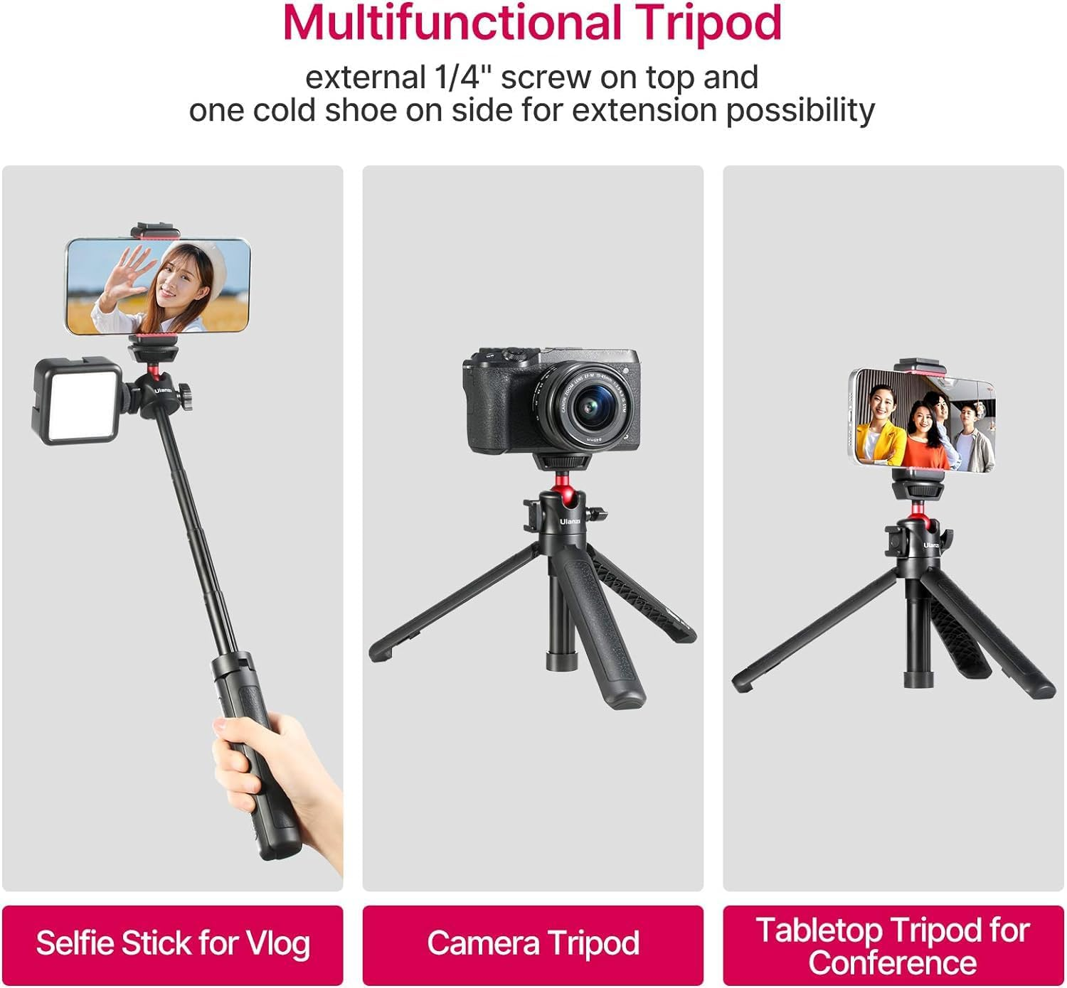 ULANZI MT-16 Camera Tripod Mini Tabletop Tripod Selfie Stick with Cold Shoe,Travel Tripod for Phone 12 Canon G7X Mark III Sony ZV-1 RX100 VII A6600 Vlogging Filmmaking Live Streaming image number 1