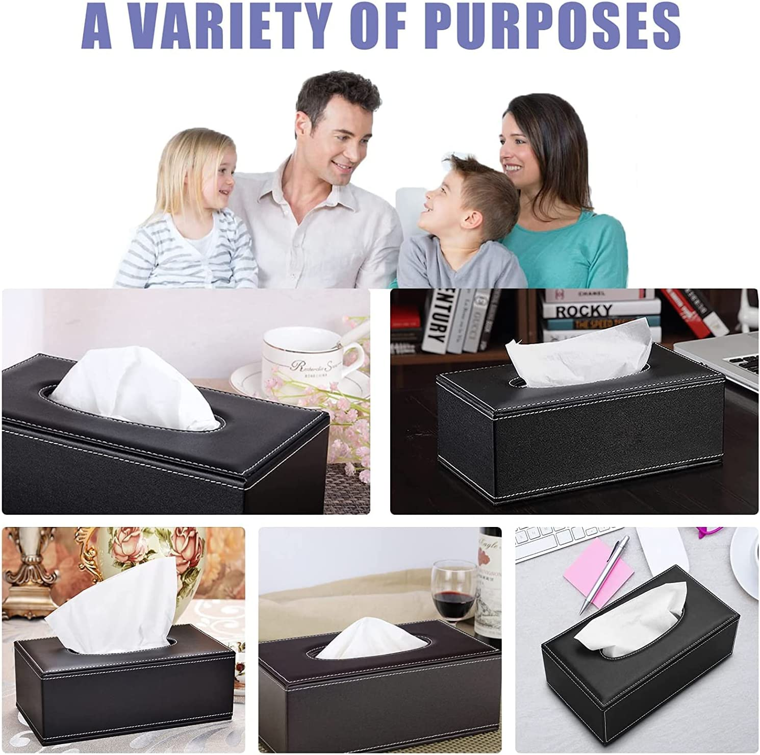 Uandhome Leather Tissue Box, Black Rectangle Tissue Paper Holder Box Cover Napkin Organizer Holder Home Kitchen Storage Room Office Car Decoration