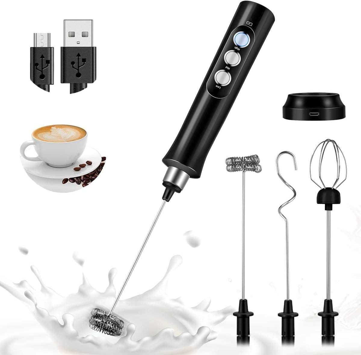 Milk Frother Handheld, USB Handheld Coffee Frother Rechargeable Electric Whisk Foam Maker with 3 Heads, 3 Gear Adjustable Speeds Mini Milk Foamer for Latte, Cappuccino, Coffee, Hot Chocolate, Matcha image number 5