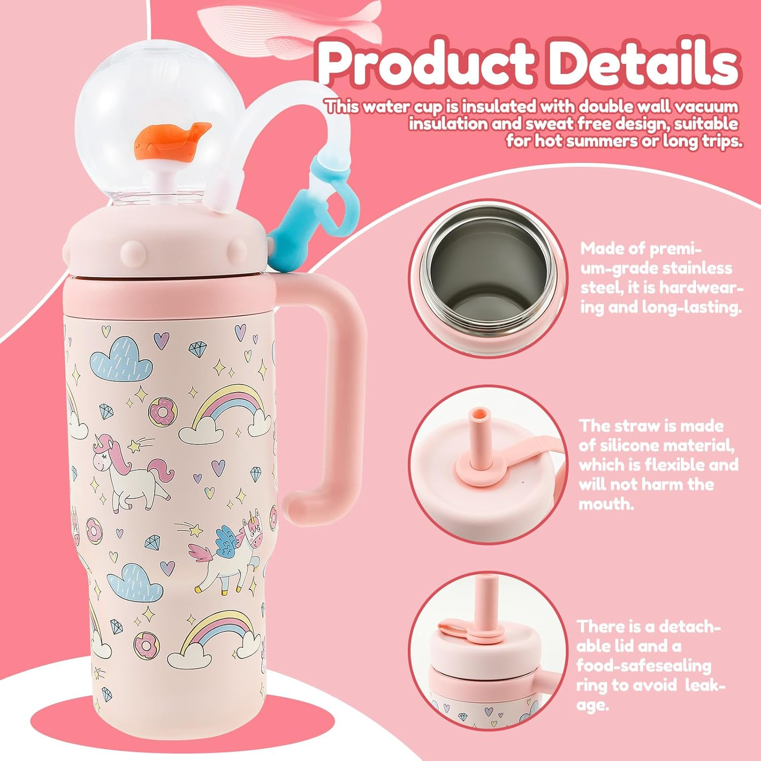 Hnvdkln 24Oz Stainless Steel Whale Fountain Tumbler, Whale Squirt Insulated Travel Tumblers with Lids and Straws, Leakproof Drinking Cup Cute for Kids Teens Adults (Pink)
