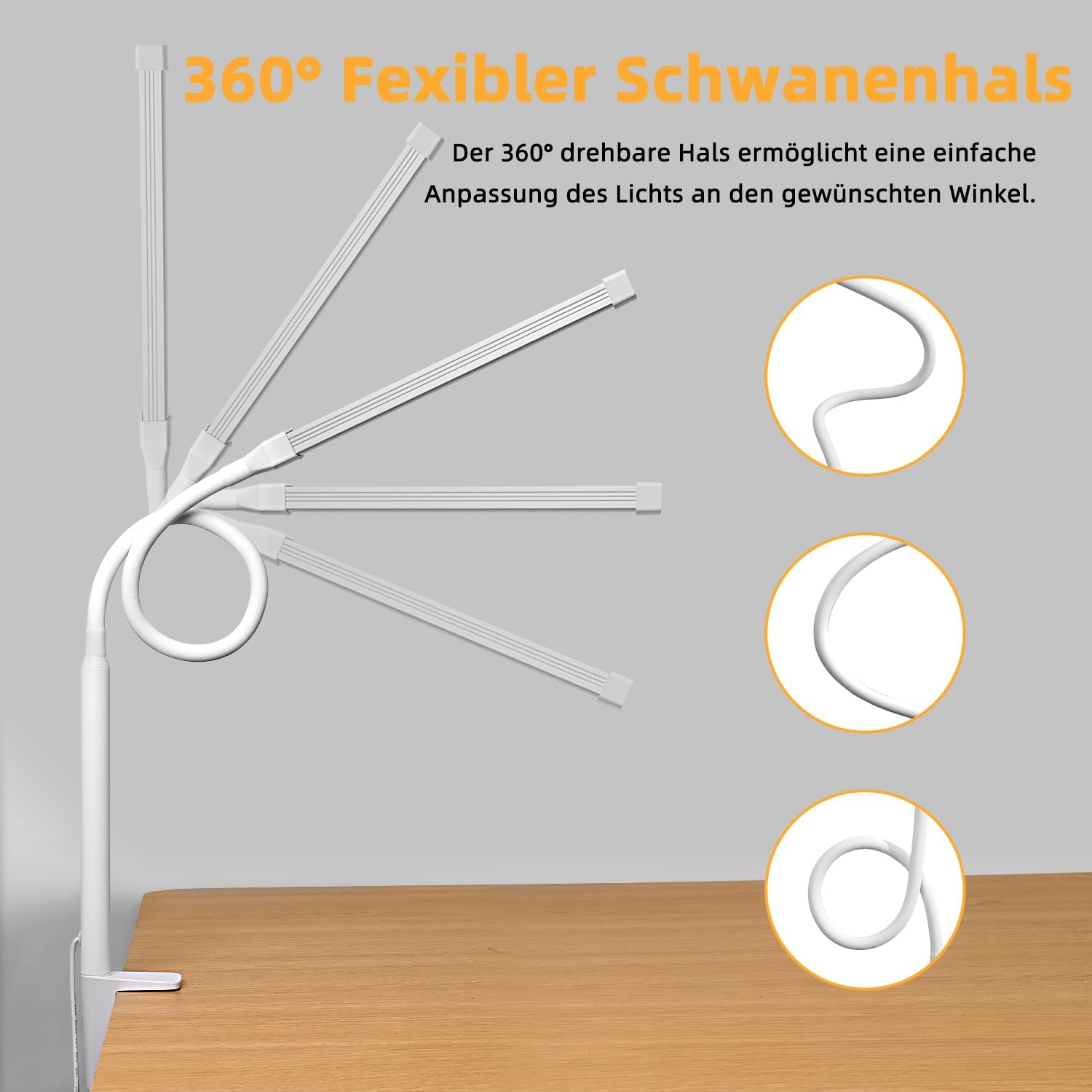 LIBORA LED Desk Lamp Clamp - 3 Color Modes and 10 Brightness Levels, Daylight, Eye Protection, Flexible Gooseneck Reading Lamp - 360&deg; Adjustable - White - White image number 6