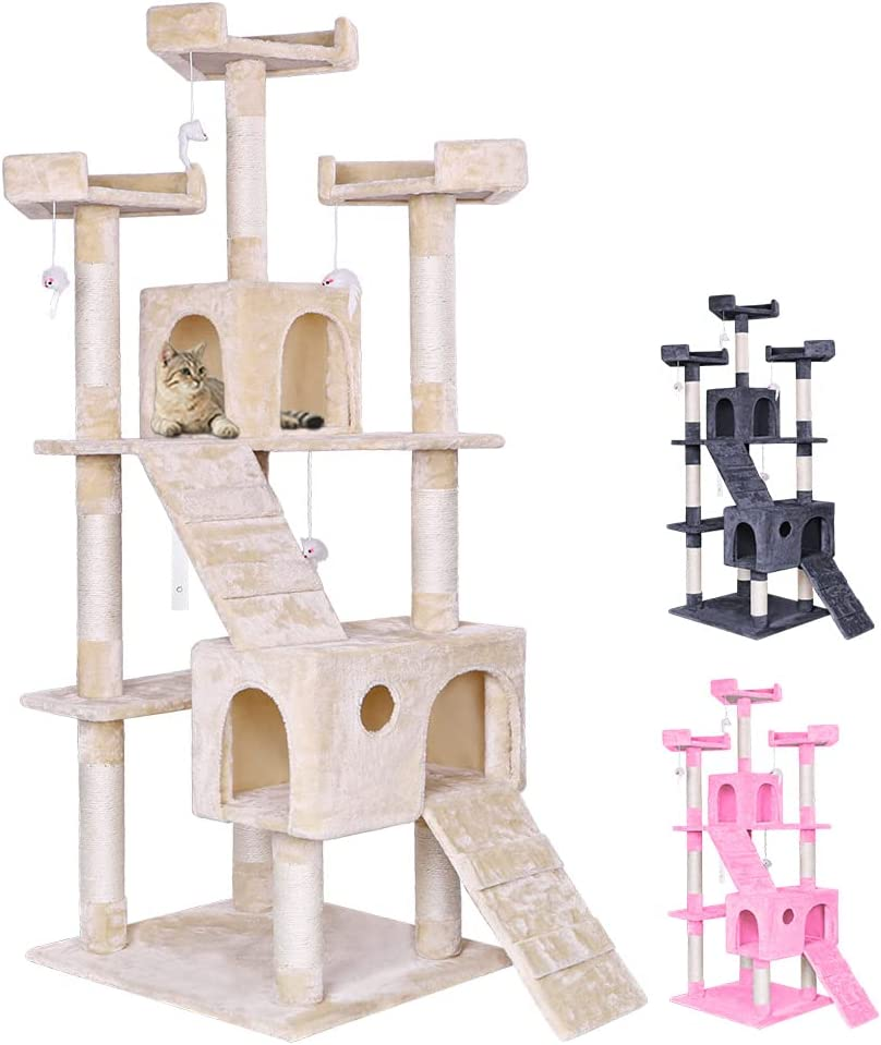 BEASTIE 180Cm Cat Tree with Mouse Toy Scratching Post Tower Condo Cat Play Towers Trees House Furniture Wood in Beige Colour