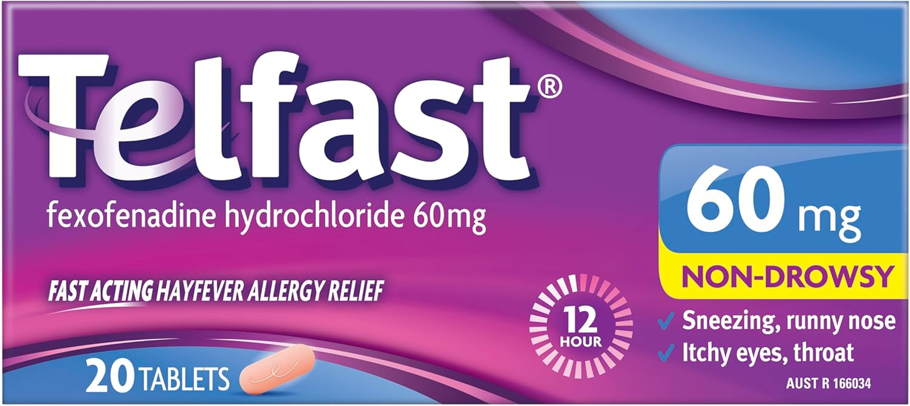 Telfast Hayfever Allergy Relief 60Mg, Non-Drowsy for Sneezing, Runny Nose, Itchy Eyes and Itchy Throat, 20 Tablets