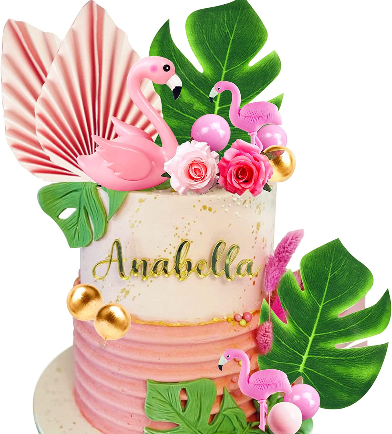 Jevenis Flamingo Cake Decoration Palm Leaves Cake Topper Gold Pink Balls Cake Decoration Rose Cake Topper Flamingo Tropical Party Supplies image number 4