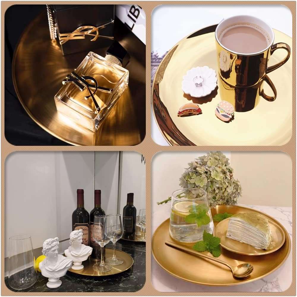 Hbluefat 2Pcs 12In Gold Stainless Steel Tray for Serving Decorative Gold Jewelry Bar Jewelry Dish Key Bowl Mirror Dresser Decor Coffee Fruit Metal Perfume Trim Storage Dessert(Round) image number 6