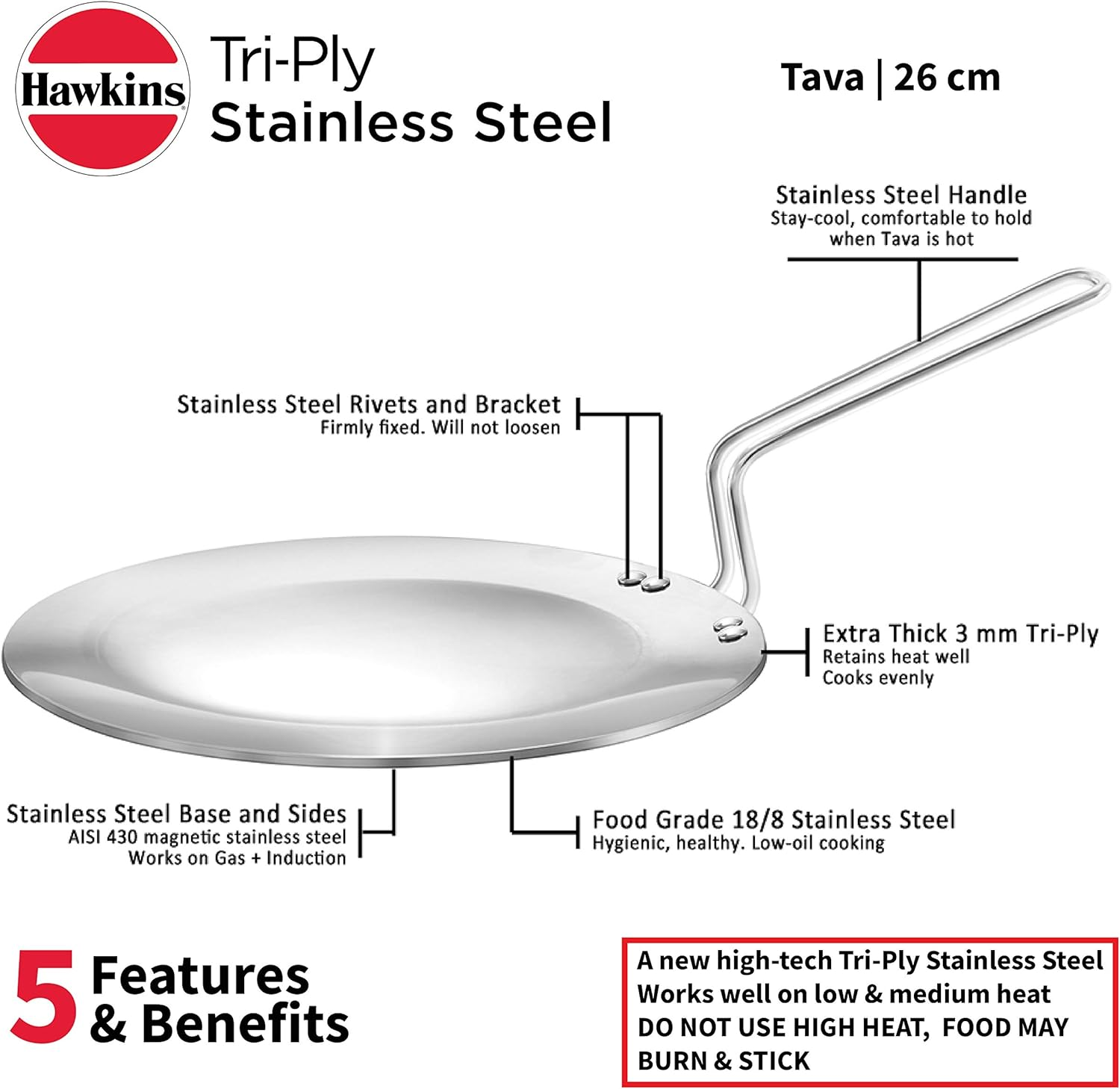 Hawkins Tri-Ply Stainless Steel Tava, 26 Cm Diameter image number 4