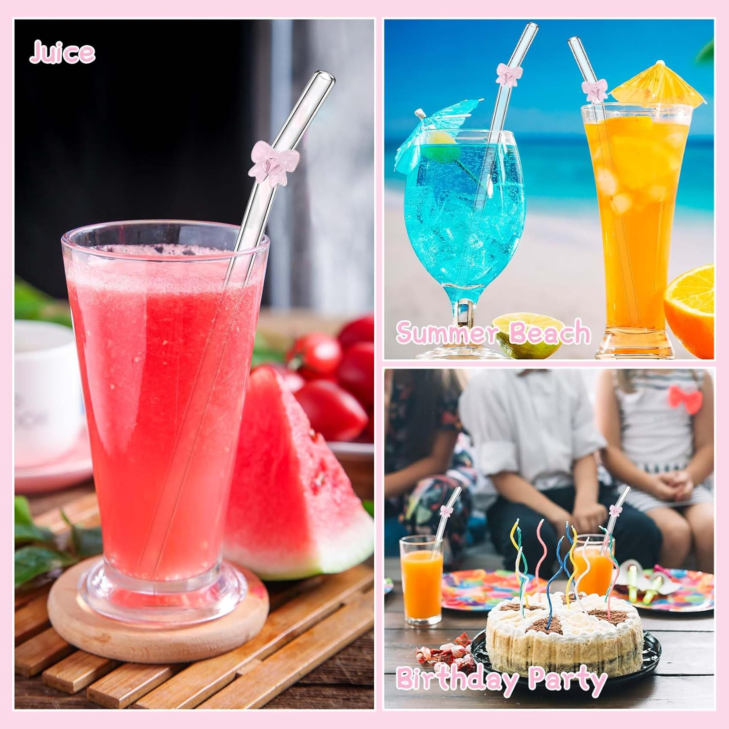 6 Pcs Glass Straws Shatter Resistant with Cute Pink Bow, Reusable Straw Dishwasher Safe with 2 Cleaning Brushes for Pink Lover, Juice, Summer Beach, Birthday Party image number 6