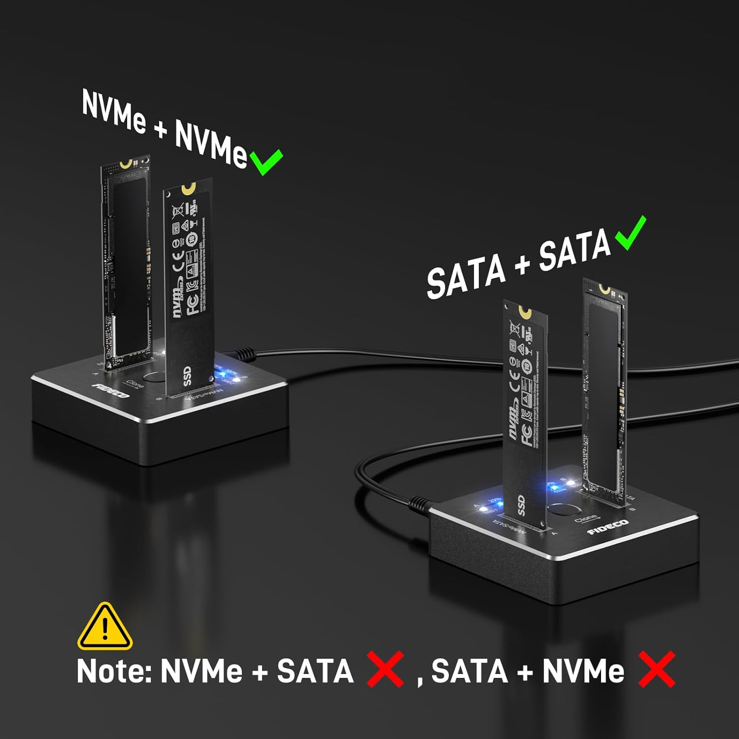 FIDECO M.2 Nvme SATA SSD Cloner Dock, USB 3.2 Gen 2 X 2, 20Gbps Dual Nvme SATA SSD Enclosure, M.2 Duplicator Cloner, Support Offline Clone, UASP and Trim, Aluminum Design image number 1