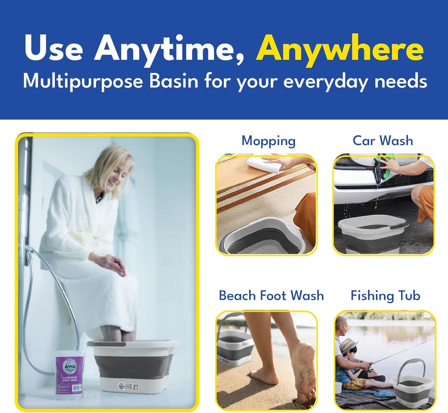 AWA Foot Soaking Tub, Collapsible Foot Bath Soak for Feet, Pedicure Bowl, Plastic Feet Tub with Acupressure Massage Points, Foldable Laundry Basket (White) image number 4