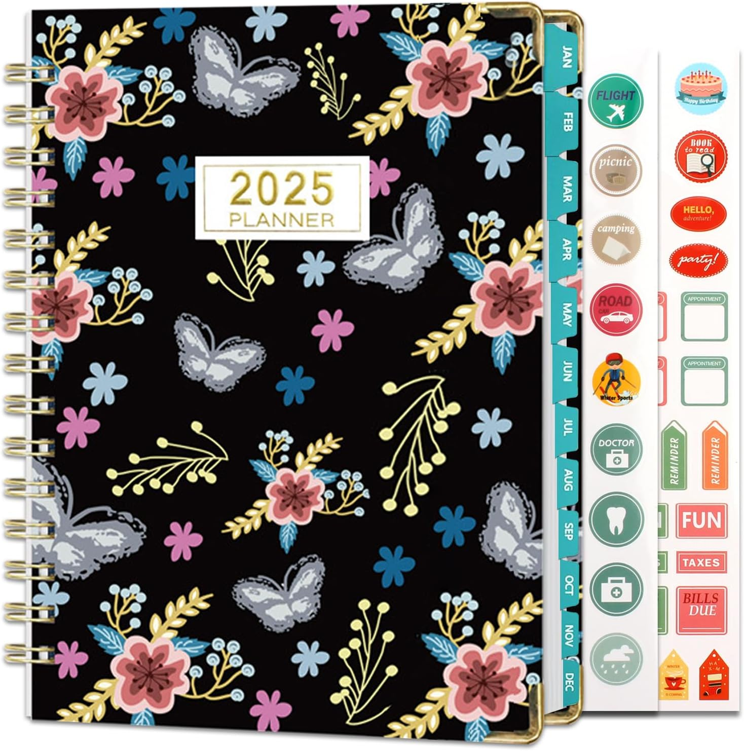 COZY CORE 2025 Planner, 12-Month Daily Weekly Monthly Organizer, JAN-DEC 2025, 8.4" X 6", Spiral Notebook with Stickers, Elastic Closure, Inner Pocket (Black Flowers)