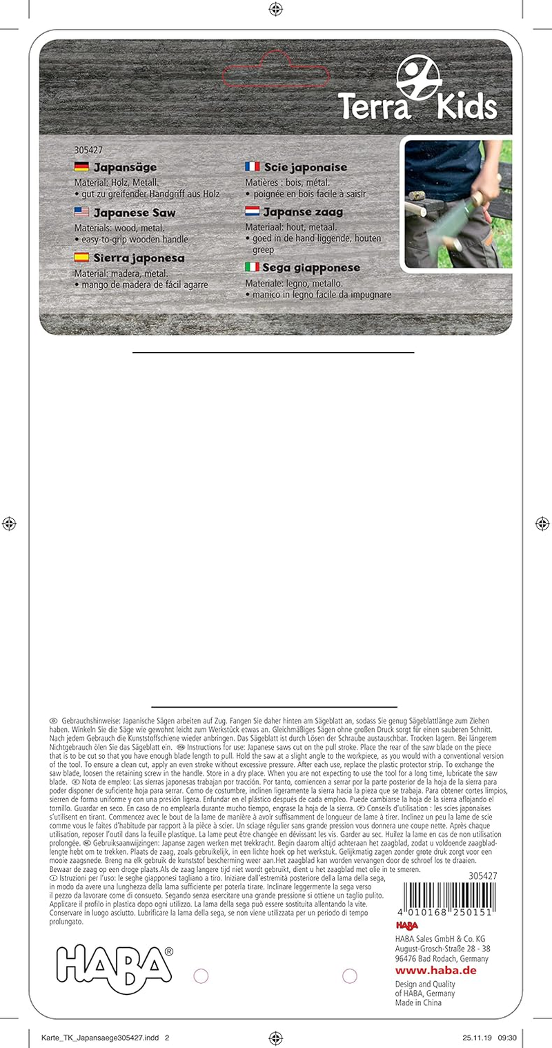 HABA Terra Kids 305427 Japanese Non-Slip Blade Made of High-Quality Metal, Induction-Hardened Teeth Safe Saw on Pull for Clean Precise Cuts