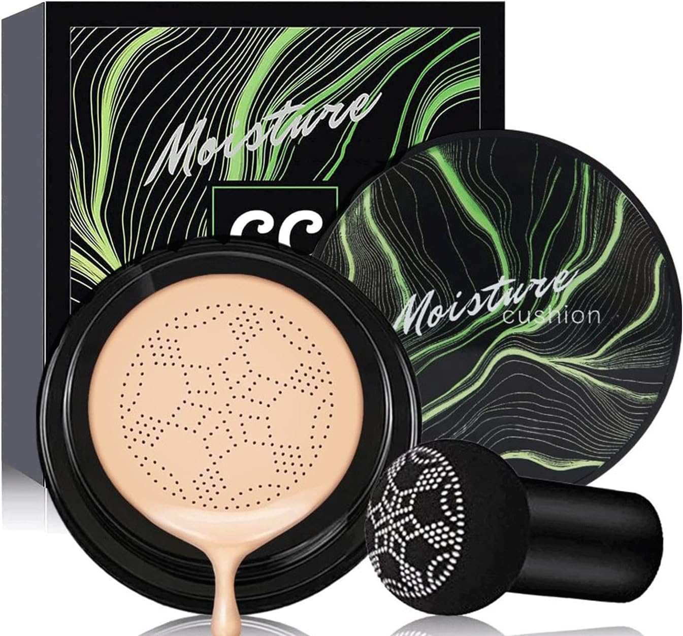 2 PCS Mushroom Head Air Cushion CC Cream Nature Foundation,Foundation Brush Powder Brush,Moisturizing Concealer, Bright Makeup Base Long Lasting with Mushroom Makeup Sponge (2PCS #01 Ivory)