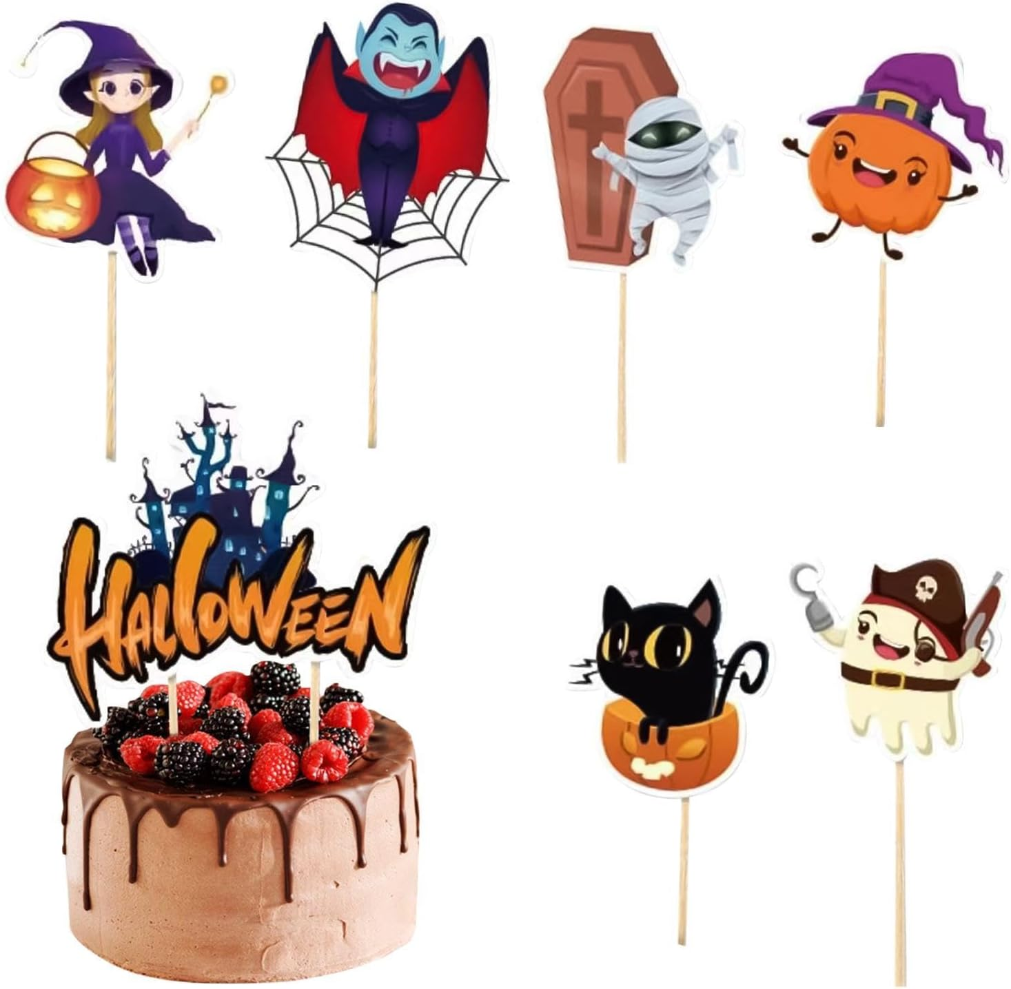 Halloween Cupcake Toppers | 7X Halloween Cupcake Picks | Castle, Zombie, Ghost, Witch, Black Cat, Vampire, Pumpkin Graveyard Tombstone Cupcake Toppers for Horror Party image number 4