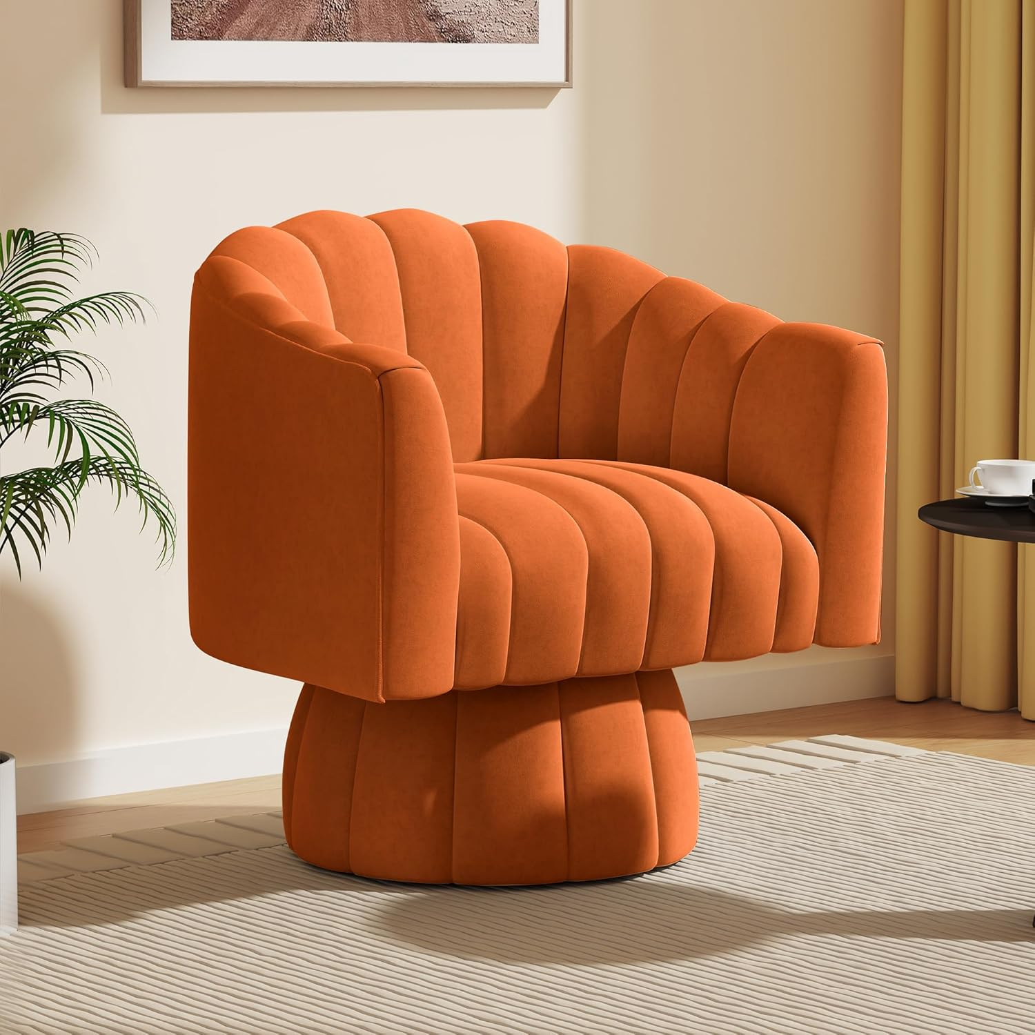 SEYNAR Mid Century 360 Degree Swivel Cuddle Barrel Accent Sofa Chairs, round Armchairs with Wide Upholstered, Fluffy Velvet Fabric Chair for Living Room, Bedroom, Office, Waiting Rooms, (Orange) image number 3