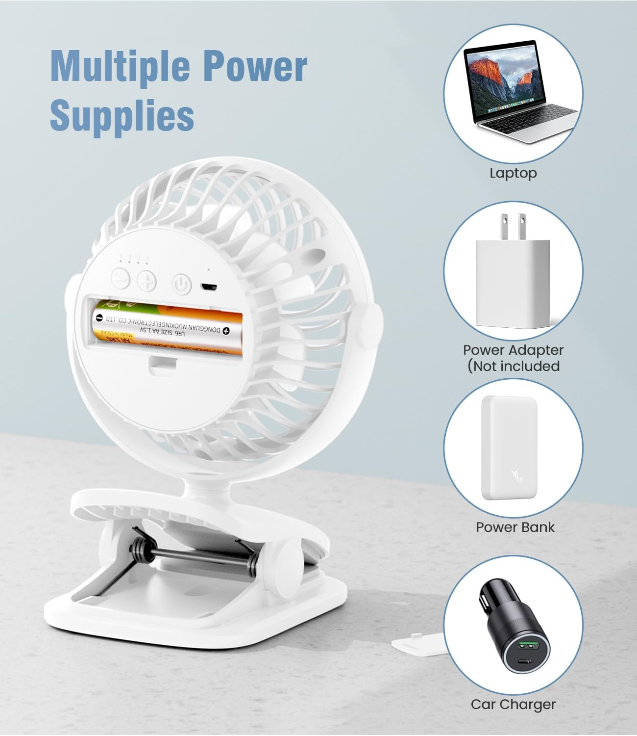 Battery Operated Clip on Fan and Desk Fan 2 in 1, Rechargeable Battery Fan Portable Baby Stroller Fan, USB or Battery Powered, Small Personal Fan for Camping, Tent, Car, Dorm (White)