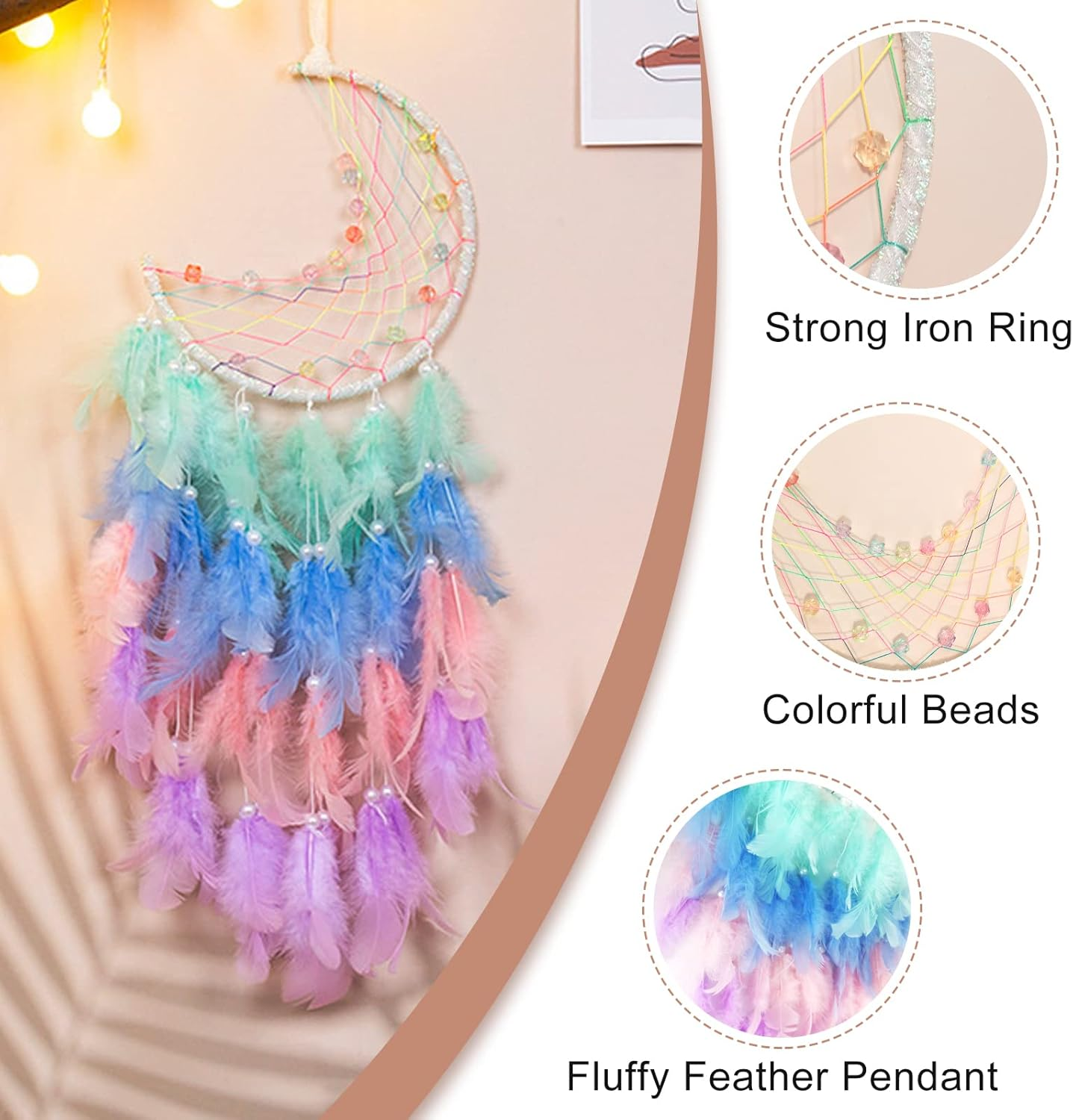 Funincrea Dream Catcher Half Moon Dream Catcher with Feathers Handmade Indian Style Wall Hanging for Living Room Bedroom Dorm (Green) - Blue image number 4