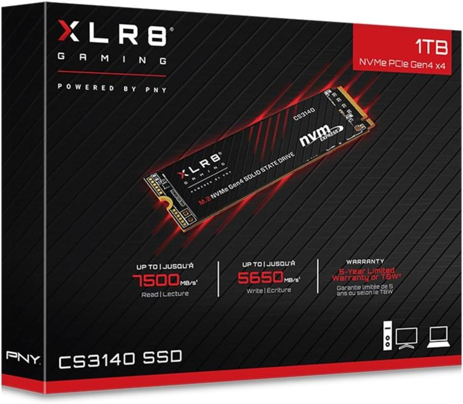 PNY CS3140 1TB Nvme Gen4 M.2 7500Mb/S 5650Mb/S R/W 700TBW 350K/700K 2M Hrs MTBF Internal Solid State Drive