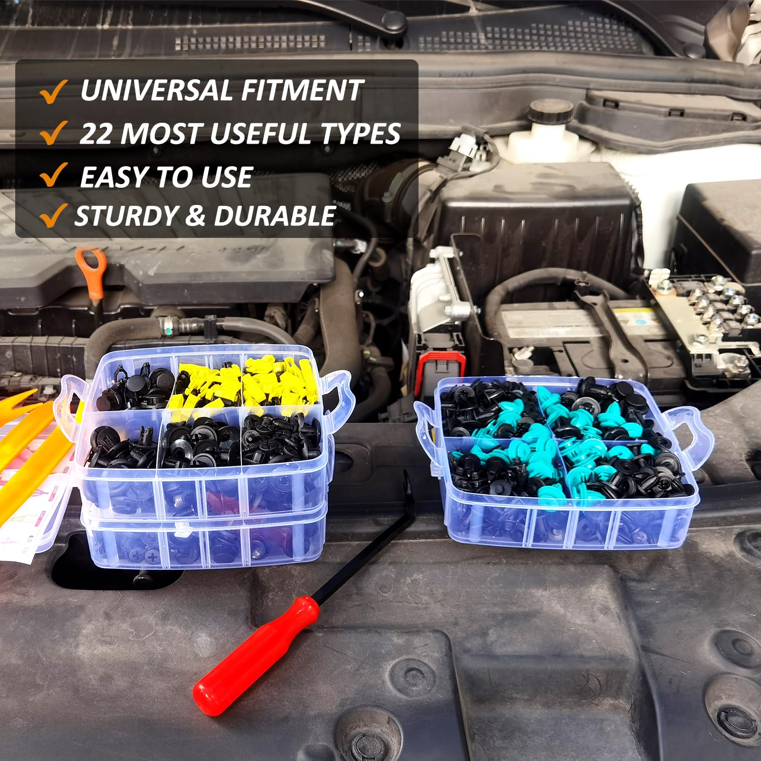 999-Piece Car Push Retainer Clips Body Clips Plastic Fasteners Kit 22 Most Popular Sizes Nylon Auto Push Pin Rivets Set with 5 Removal Tools for Bumper, Fender, Door Trim image number 2