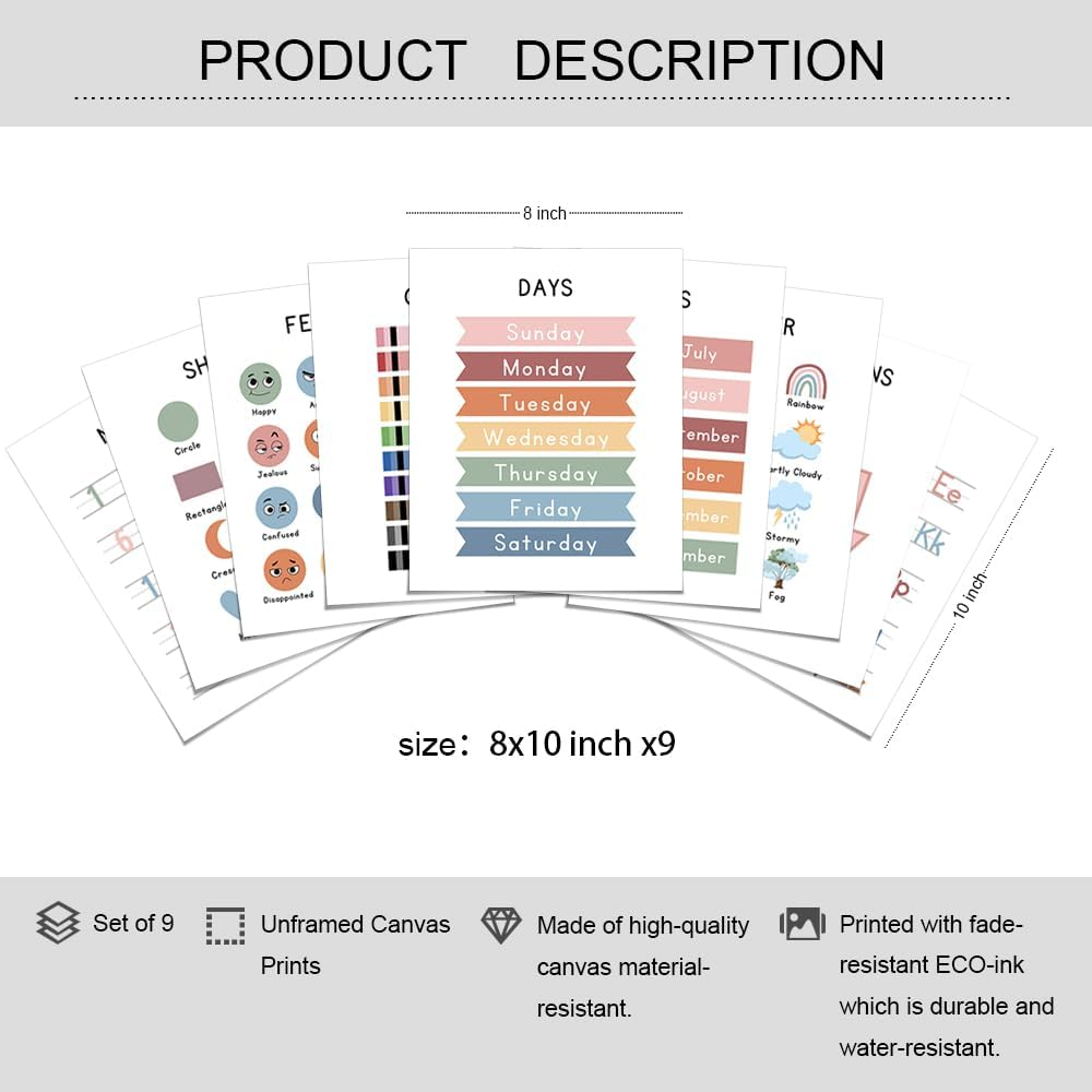 Alphabet Abc Chart Educational Wall Posters for Toddlers1-3, Days of the Week Fortoddlers Learninghomeschool Supplies Preschool Classroom Must Haves (Set of 9 8 X10 Inch Unframed) image number 6