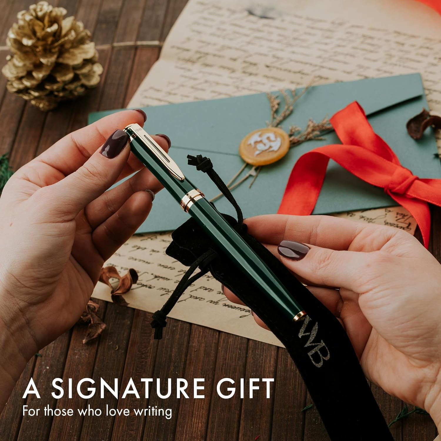 Wordsworth & Black Fountain Pen Set, 18K Gilded Medium Nib, Includes 24 Pack Ink Cartridges, Ink Refill Converter & Gift Pouch, Gold Finish, Calligraphy, [Racing Green Gold], Perfect for Men & Women image number 6