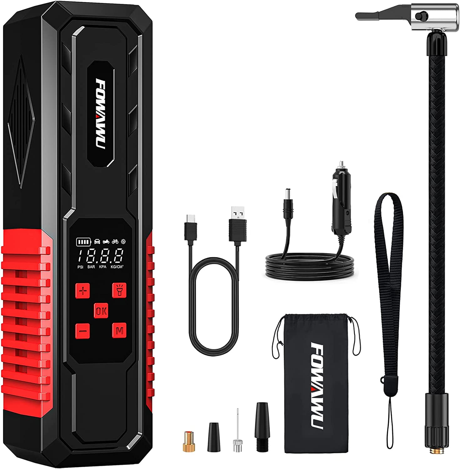 FOWAWU Car Tyre Inflator 150PSI 7800Mah,Portable Air Compressor Tire Inflator Electric Bike Pump with LED Flashlight DC 12V,Car Tyre Pump for Bike Motorcycle Ball Smart Digital Air Pressure Detection