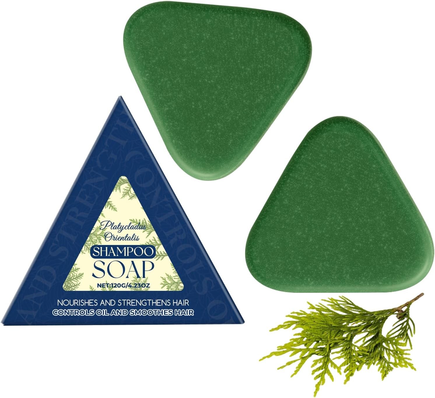 Nature Triangleted Shampoo Bar, Platycladus Orientalis Shampoo Soap, Hair Soap, Strengthens Smooths Hair, Suitable for All Hair Types for Women and Mens (2Pcs)