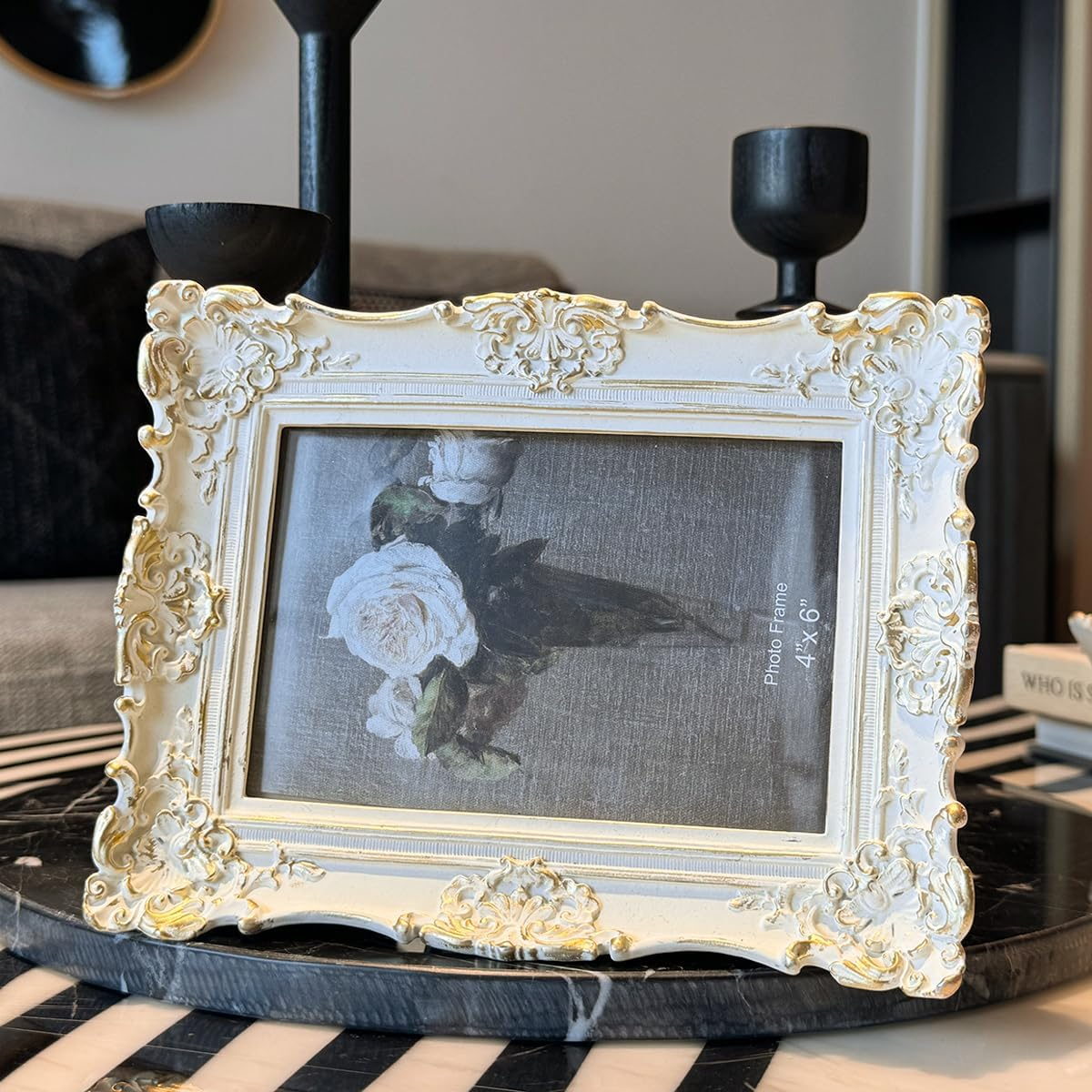 CISOO 4X6 Vintage Picture Frame, Antique Ornate White with Gold Photo Frame, for Table Top and Wall Display, Decorative Floral Design Retro Home Decor, Photo Gallery Art image number 3