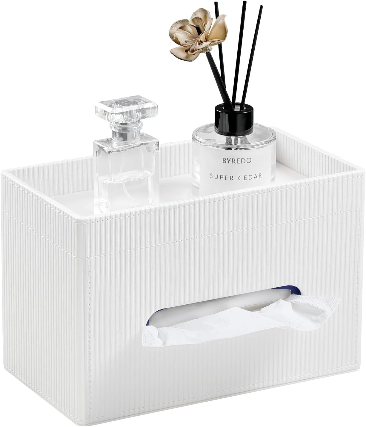 Cretkhp Rectangular Tissue Box Cover with Storage Tray, PU Leather Tissue Box Holder for Bathroom Vanity Countertop Night Stands Bedroom Office Desk, Stylish Tissue Holder Decorative Organizer (Black)