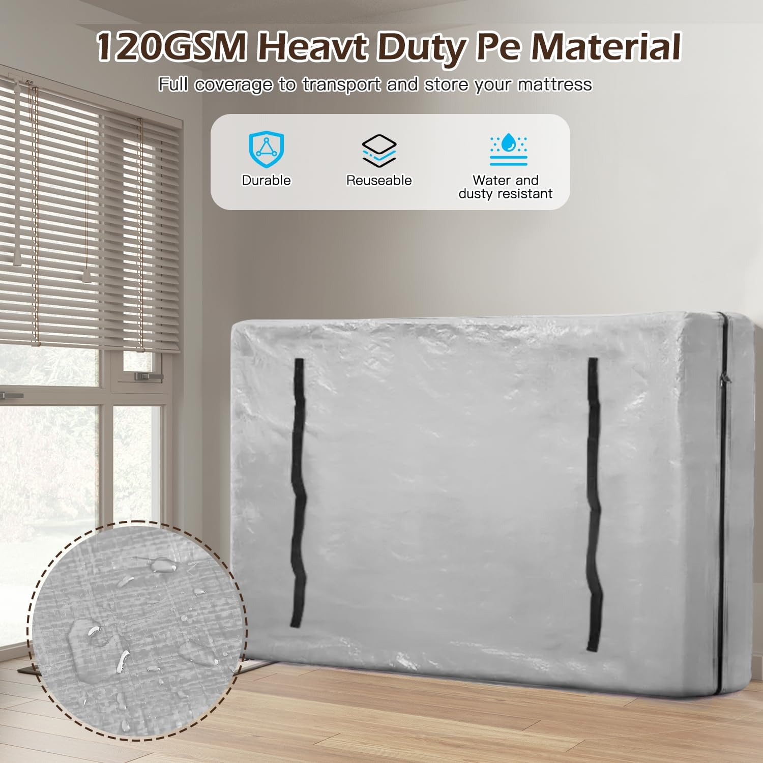 Generic King Single Mattress Protector Cover, Reusable Waterproof, Silver, 207X110X38Cm, 8 Handles, 2 Zippers image number 5
