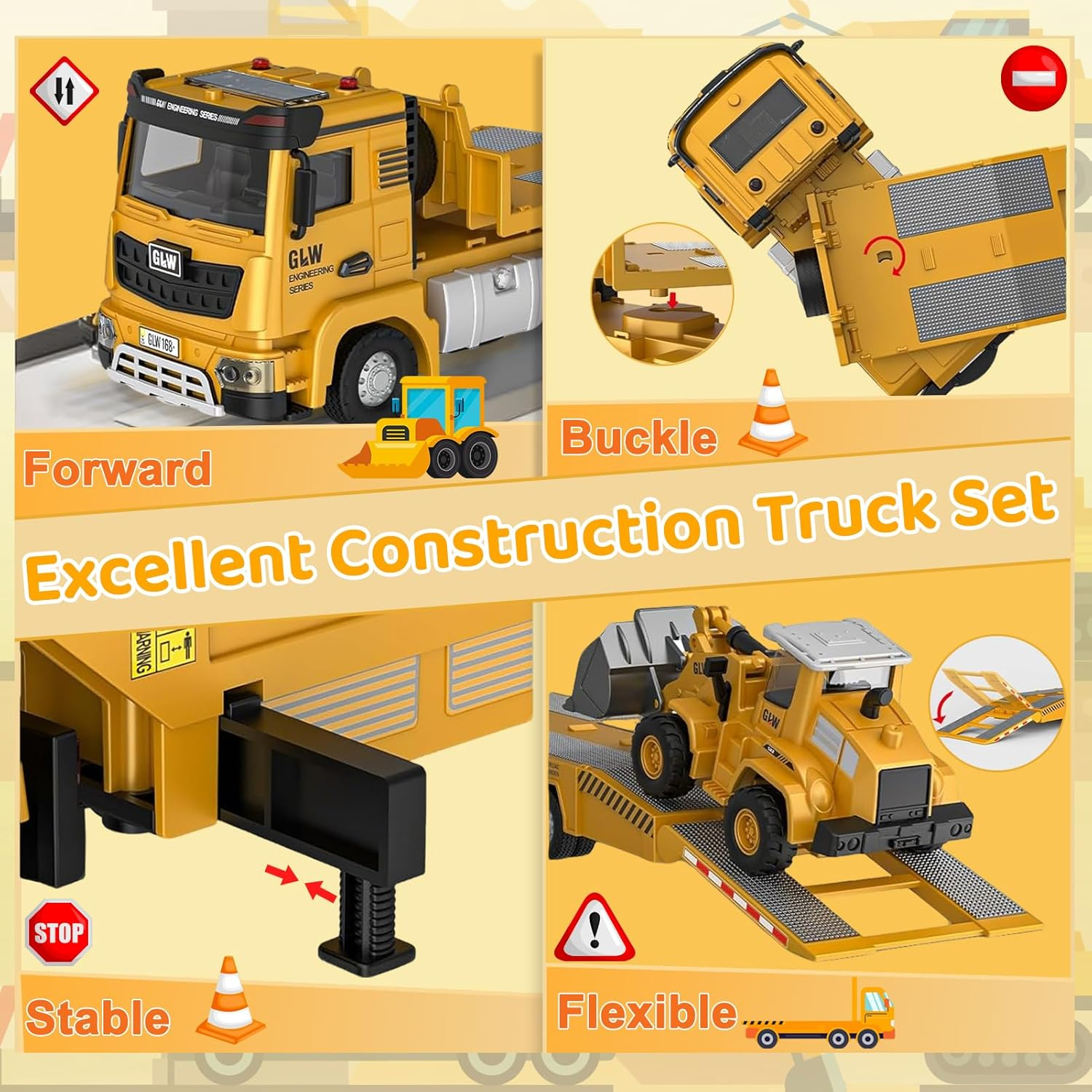 Caunedy Construction Carrier Trucks Toy Set, with Semi Truck, Excavator, Bulldozer, Alloy Engineering Vehicles, Lights & Sounds for Kids 3-7 Years Old Gift image number 1