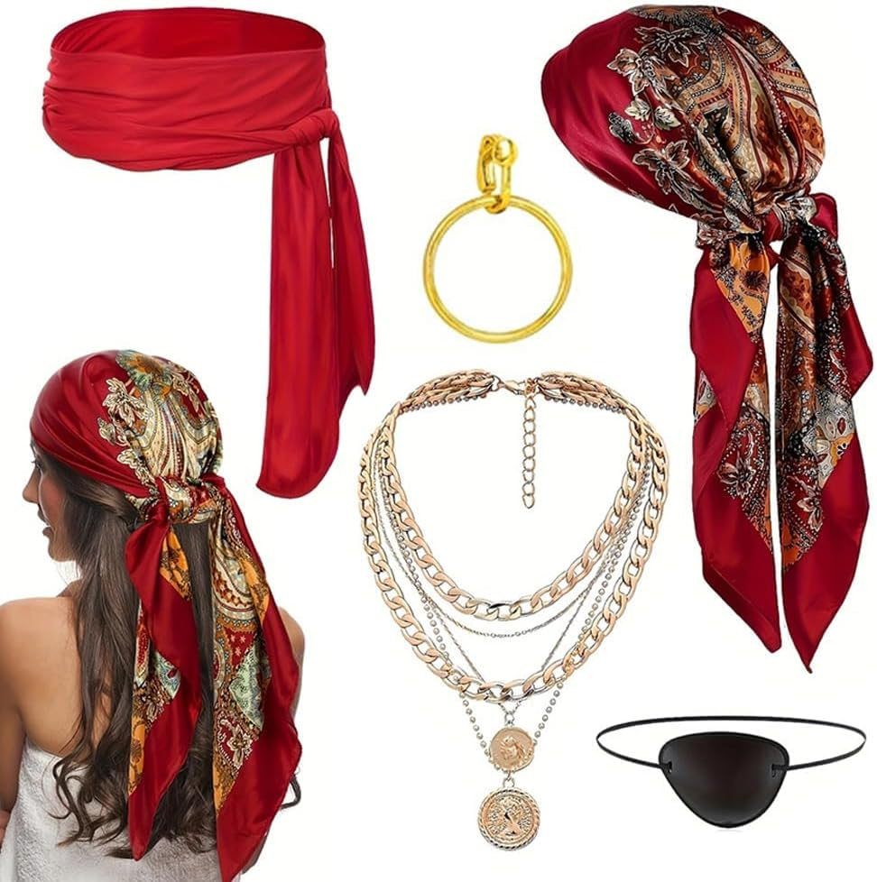 Halloween Women Pirate Costume Accessories Set for Men Pirate Head Scarf Necklace Belt Dress Accessories Pirate-Party Cosplay Renaissance image number 4