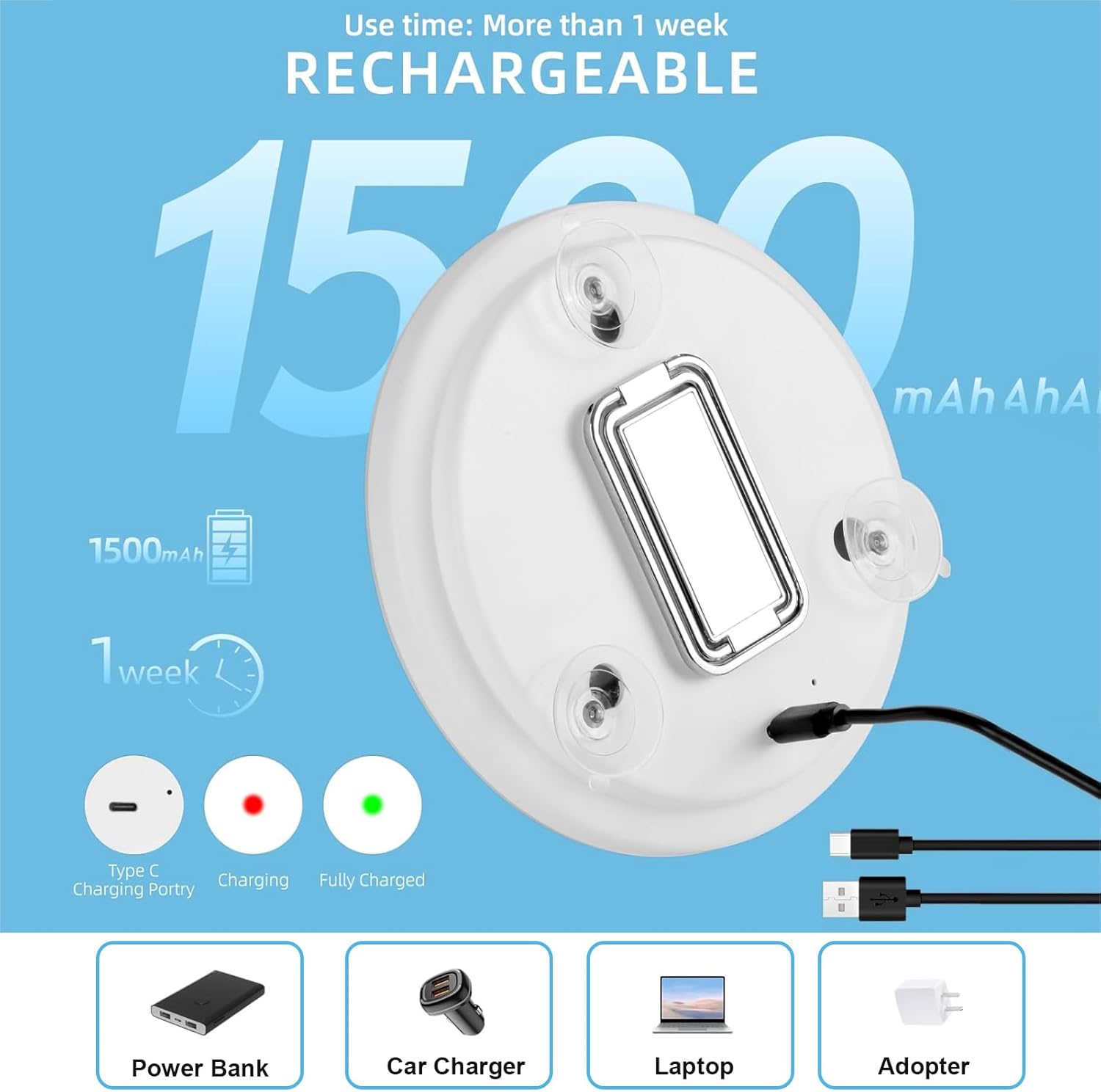 Portable 20X Magnifying Makeup Mirror with Light, USB Rechargeable, 6In/15Cm, 360&deg; Rotation, Adjustable Stand, 3 Suction Cups, Slant Tweezers & Scissors, Vanity Mirror for Precise Grooming image number 6