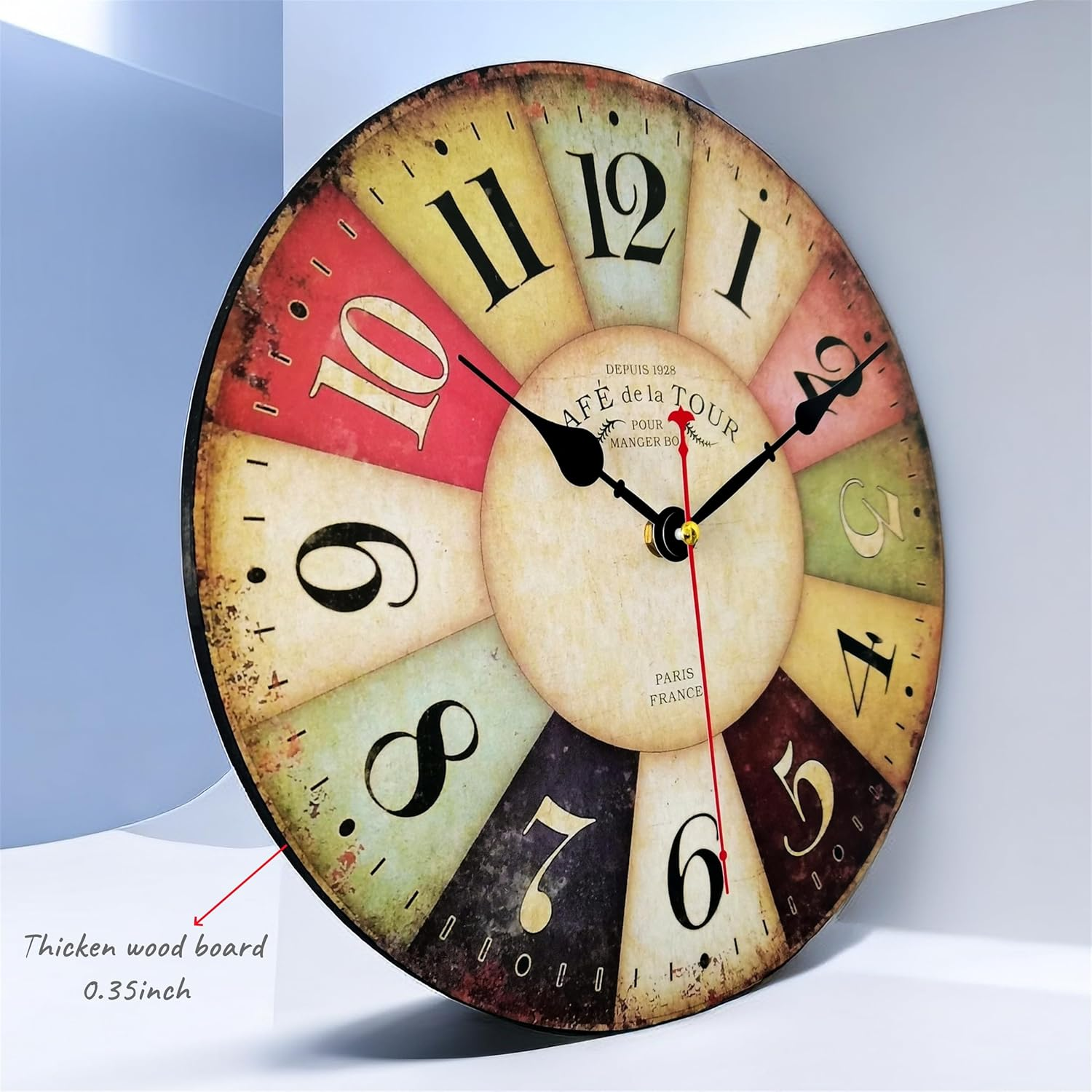 Qukueoy 12 Inch Thick Wood Kitchen Wall Clock Retro Farmhouse Clocks for Living Room Decor Bedroom Restaurant,Silent Battery Operated,Colorful Tuscan Country Style image number 3