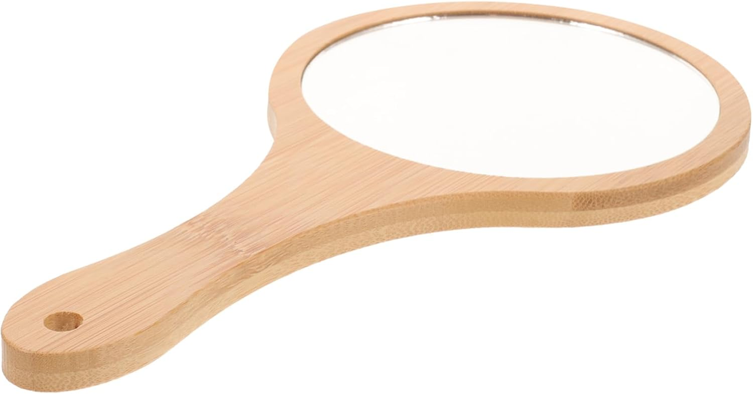 Portable Women Makeup Mirror Handheld Vanity Mirror Bamboo Handle Travel Essential image number 1