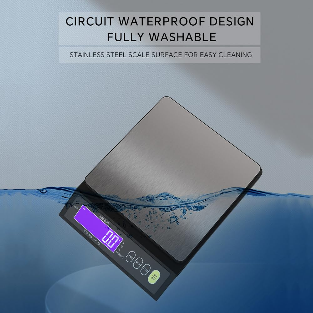 Rechargeable Baking Electric Scale IP67 Waterproof High Accurate Kitchen Scale with Counting Tare Zeroing Auto Power off Unit Conversion Function Black 10Kg 0.1G