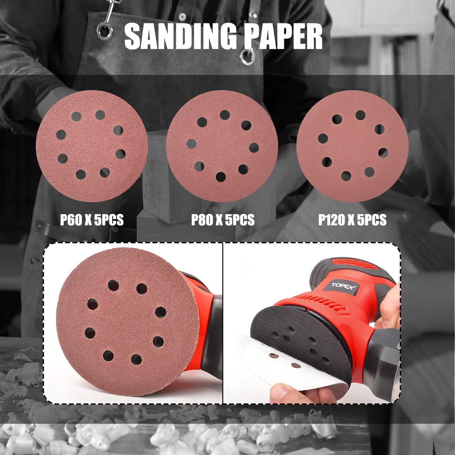 TOPEX 300W Random Orbital Sander Tool Set Electric Mini Electric Sander Kit with Dust Collector & 15Pcs Sandpaper Polisher Grinding Sanding Tools for Sanding, Finishing, Polishing Wood/Metal image number 1