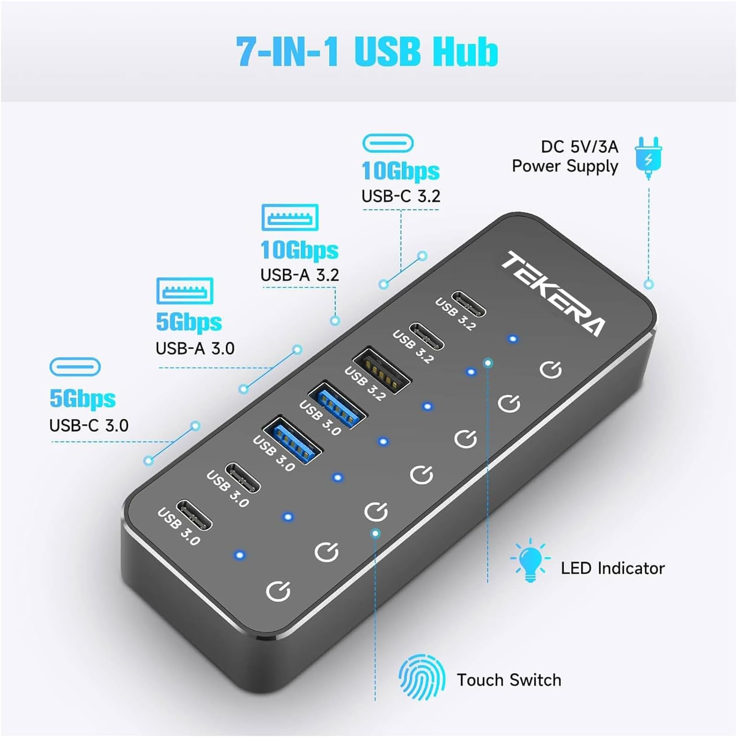 7-Port Powered USB 3.2/USB-C Hub Splitter with 3 X 10Gbps USB-3.2 Ports (2C + 1A),4 USB-3.0 Ports (2C + 2A), 3.3Ft Cable, Touch Switches, and 5V Power Adapter for Laptop PC image number 4