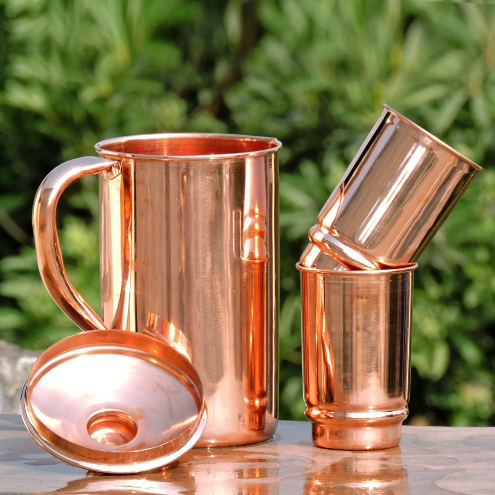 Healthgoodsau - Pure Copper Water Jug with 2 Copper Tumbler | Copper Pitcher and Tumbler for Ayurveda Health Benefit image number 2