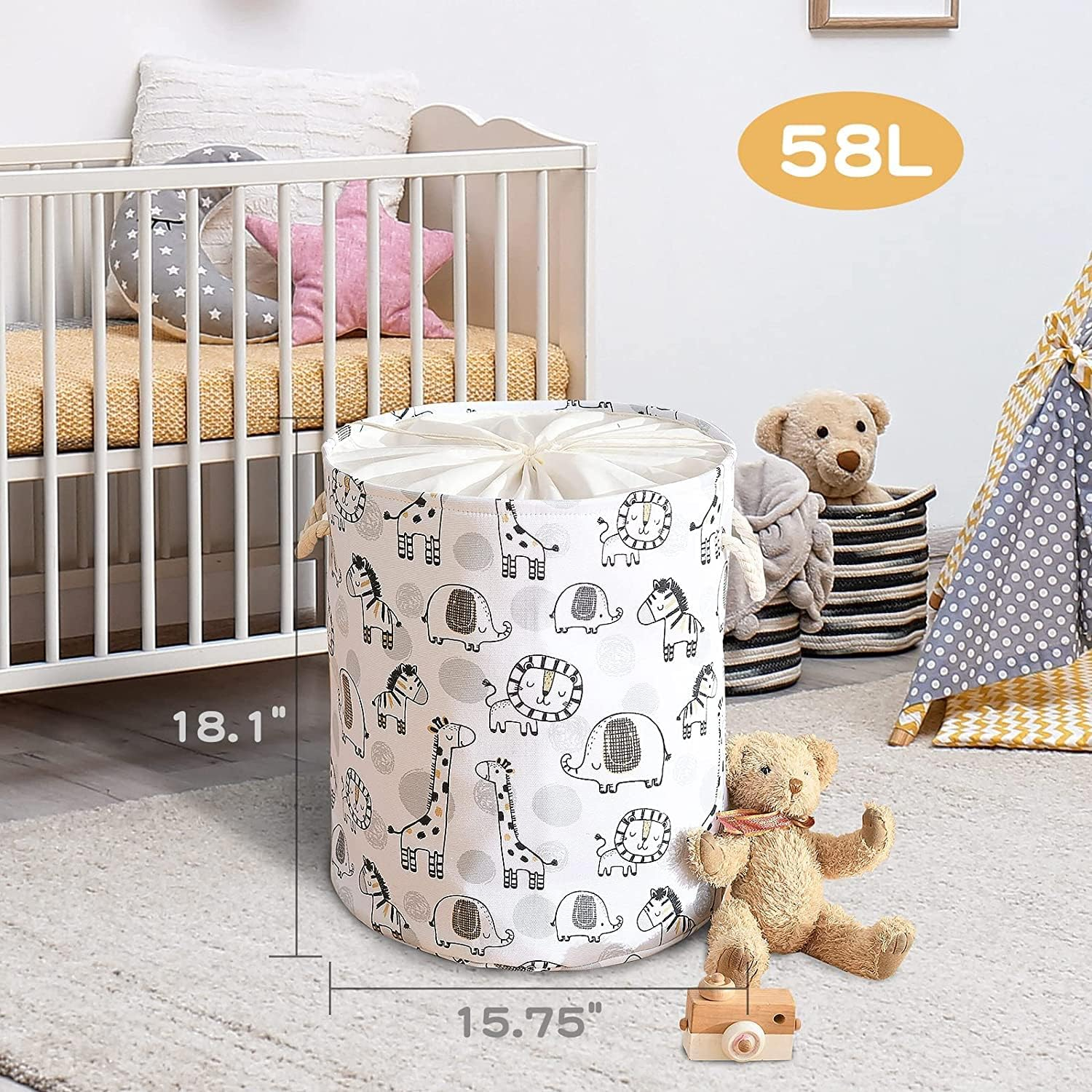 Inough Extra Large Baby Basket for Nursery, 58L Kids Laundry Basket Baby Room Decor, Waterproof Canvas Clothes Hamper Toy Box for Boys Laundry Hamper Foldable Toy Storage Baskets with Handles - Coffee Color image number 7