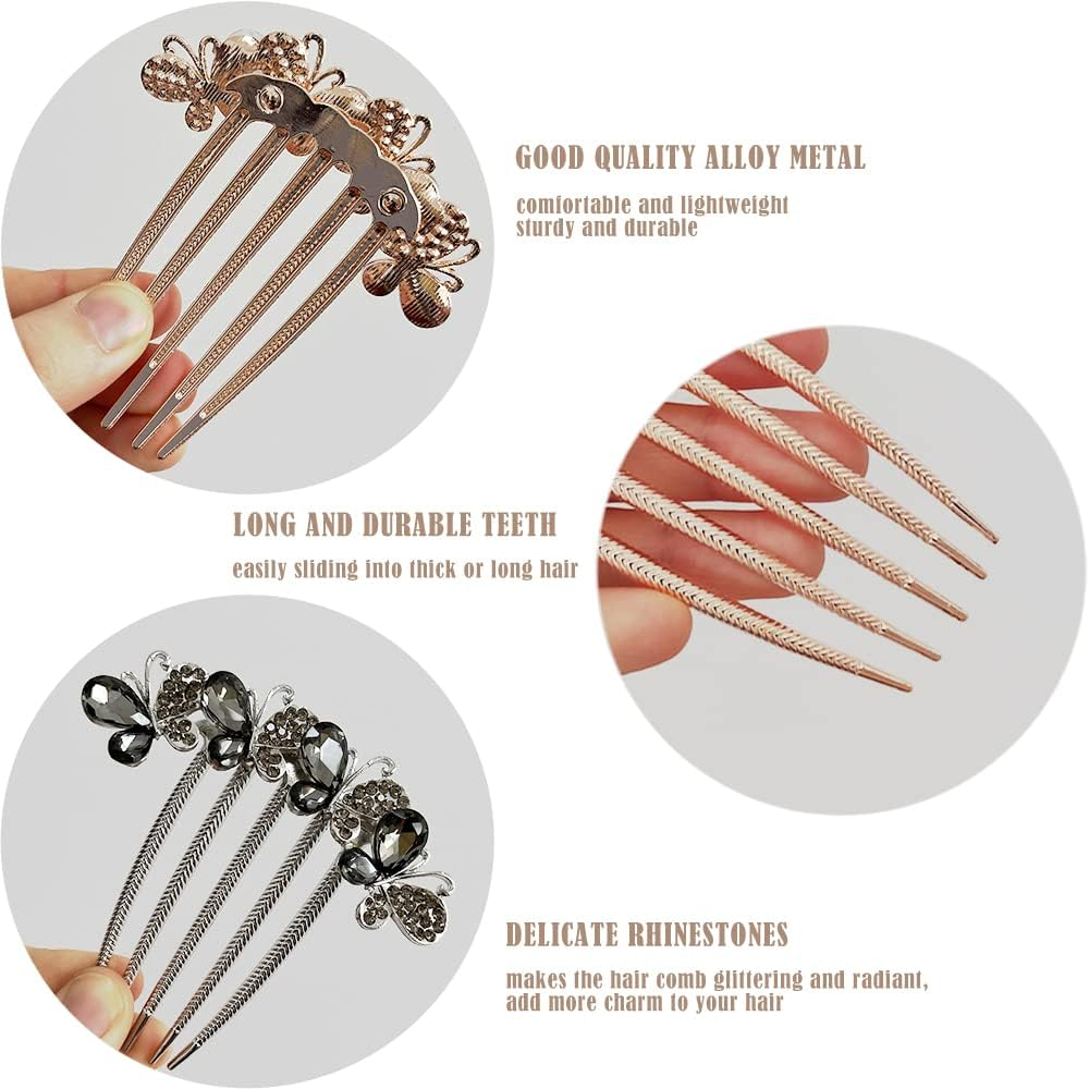 2 Pcs 5 Teeth Hair Side Combs Crystal Rhinestone Butterfly Twist Combs Decorative Hair Combs Rhinestone Hairpin Hair Accessories for Women image number 1