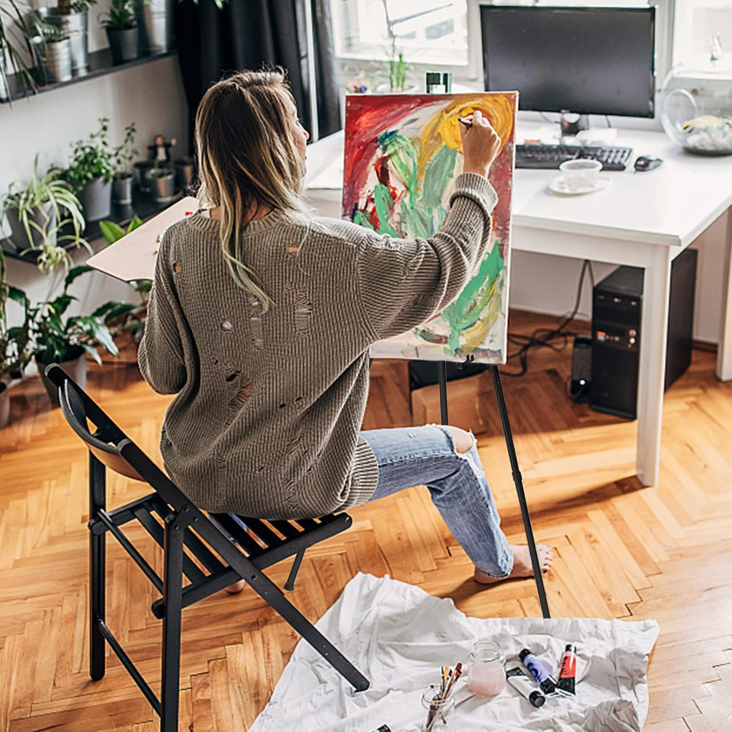 Thickened Easel Stand for Wedding Sign & Poster 63'' Portable Easels for Display Black Art Easel for Floor Adjustable Metal Easel Stand,Quick Set-Up Tripod Stand, Presentations,Signs,Posters (Black) image number 1