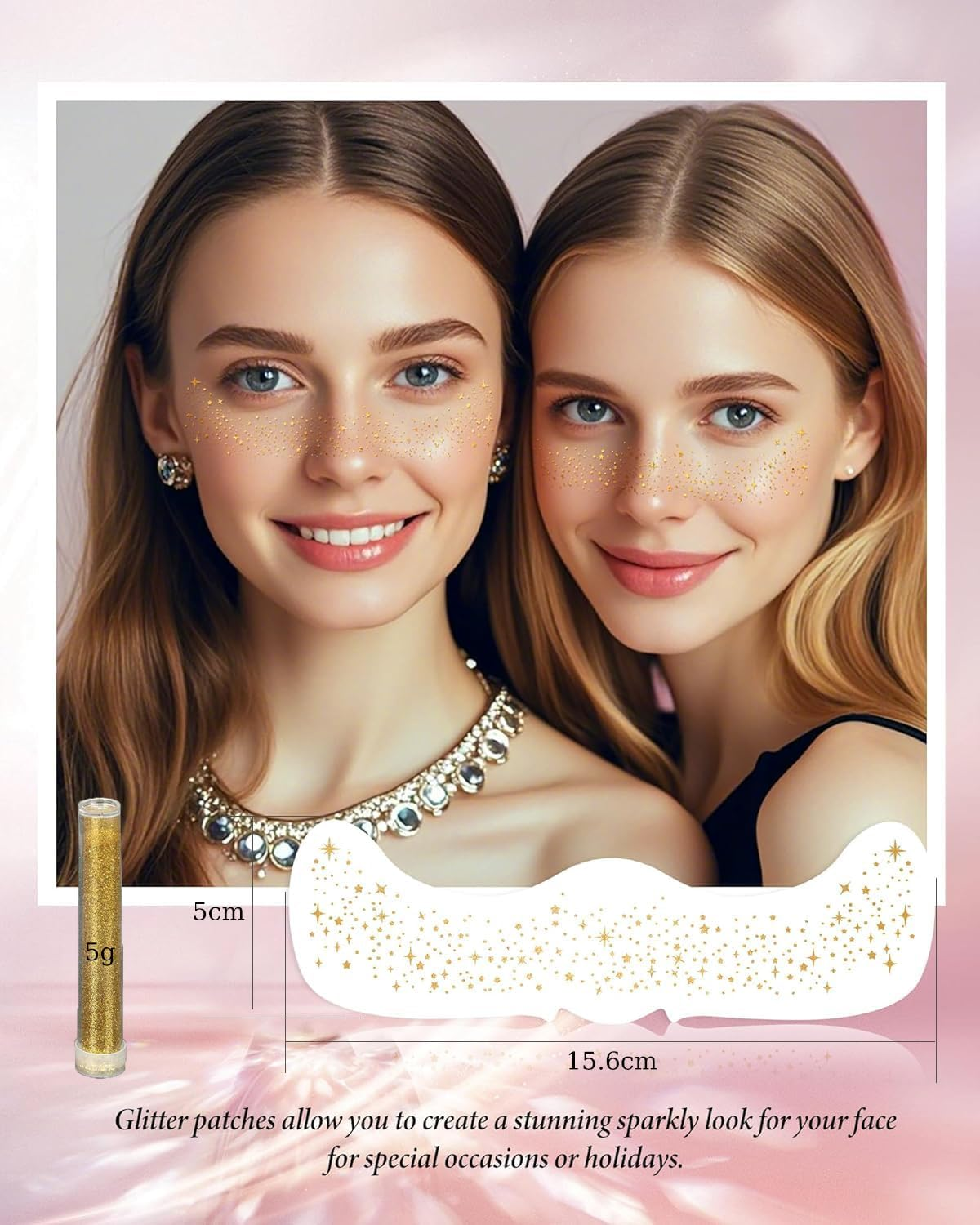 Glitter Freckles, Freckles Temporary Face Tattoos, Women Girls Body Face Glitter, Country Concert Singer Festival Carnival Accessories (Gold - 10 Pieces, Including Two Tubes of Decorative Gold Powder) image number 4