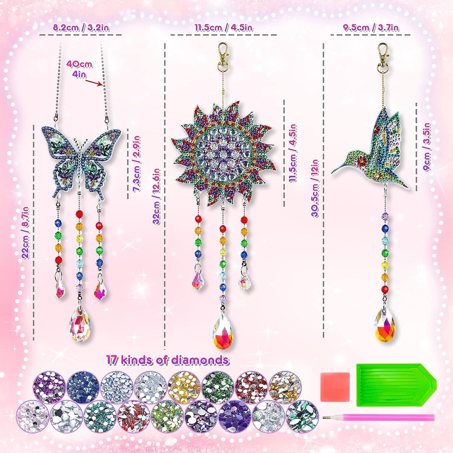 3 Pcs Diamonds Paintings Suncatcher,Double Sided Crystal Gem Painting Hanging Ornament,5D Diamonds Paintings Wind Chimes,Diamonds Art Kits Hanging Ornaments for Home Window Decor (Butterfly&Bird&Sun) image number 5