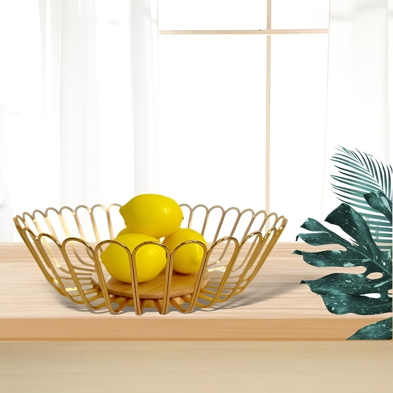 7UYUU Metal Wire Countertop Fruit Bowl Basket Holder for Kitchen | Gold Modern Storage Table Centerpiece with Wood Stand | Home Decor - 12 Inch (Gold) image number 2