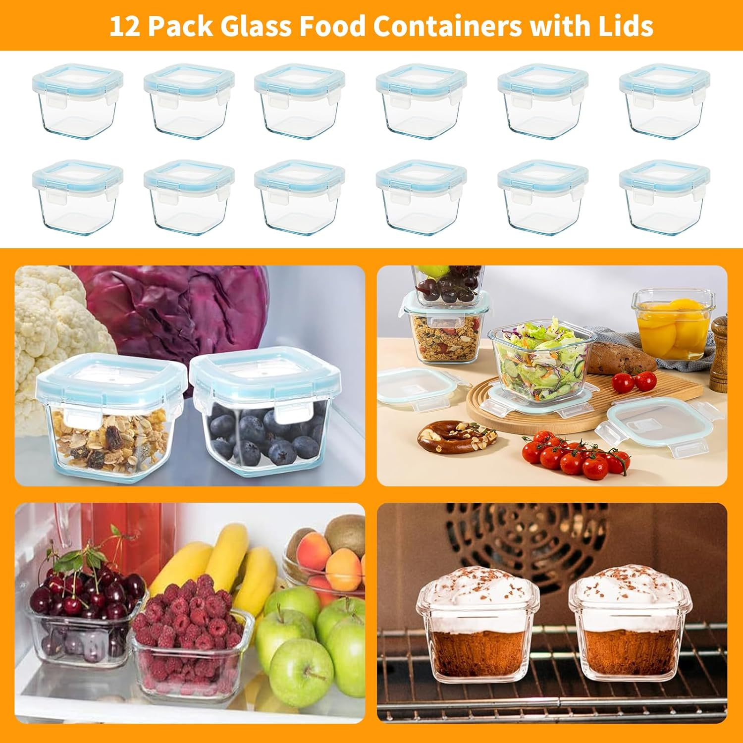 12 Pack Glass Food Containers with Lids, 150ML Meal Prep Containers, Reusable & Airtight & Leakproof Food Jars for Sauce Snack Yogurt Dressing Dip Dessert, Microwave, Freezer, Dishwasher Safe (Square) image number 5