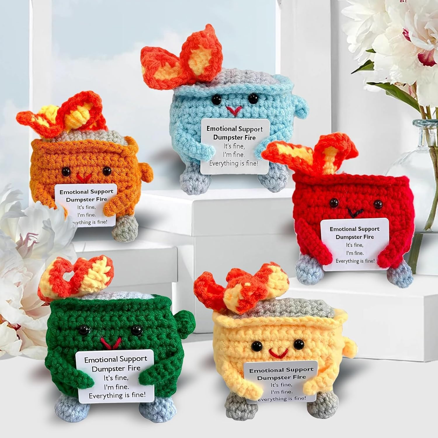 Emotional Support Dumpster- Handmade Crochet Dumpster Fire Doll, Christmas Dumpster Fire Knitting Toy Ornaments with Positive Card, Handmade Emotional Support Crochet Gift Desk Decor (Yellow)