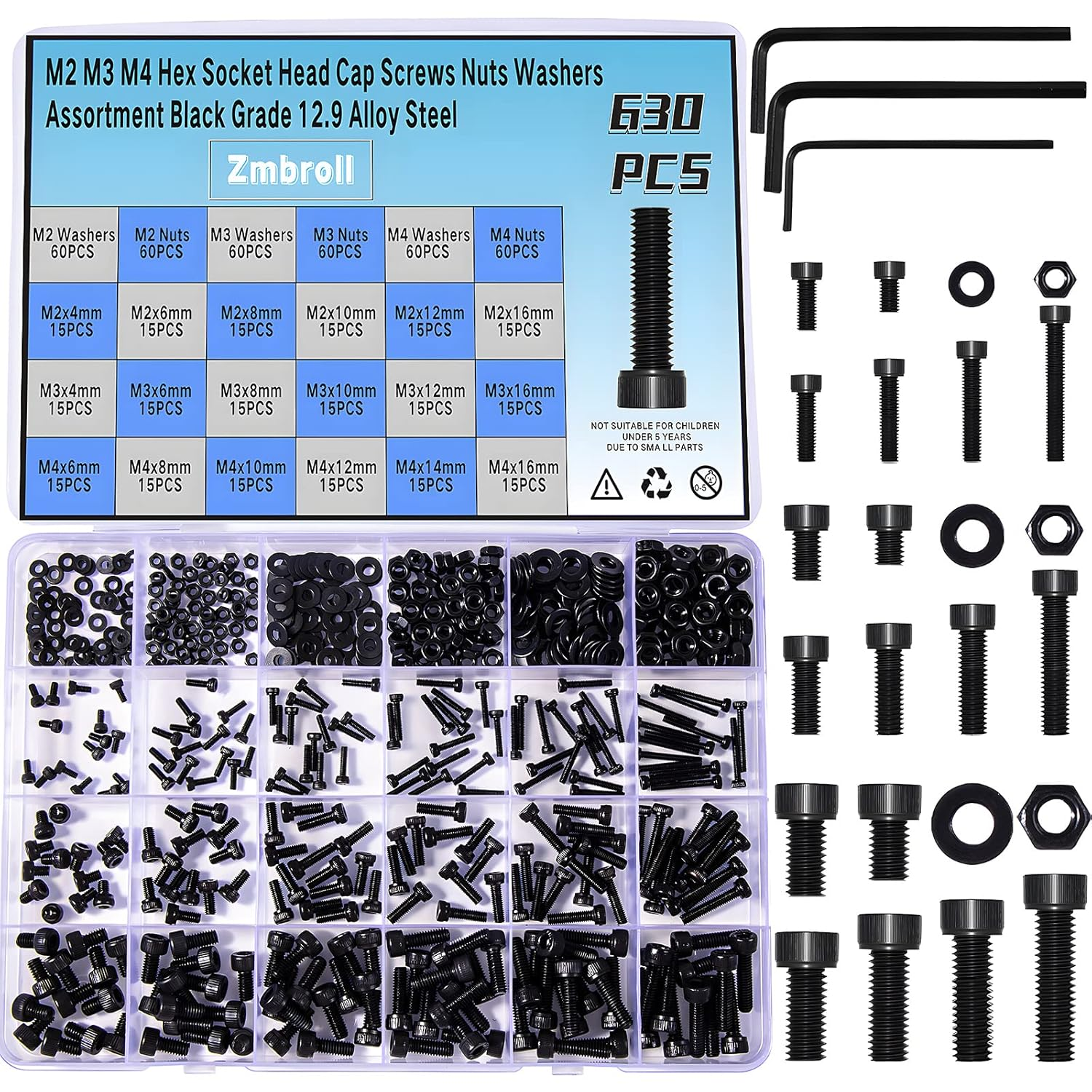 Zmbroll Hex Socket Head Cap Screws Black Bolts Nuts Washers 630Pcs M2 M3 M4 12.9 Grade Alloy Steel Allen Socket Drive Machine Screws Fully Threaded Screws Assortment Kit image number 3