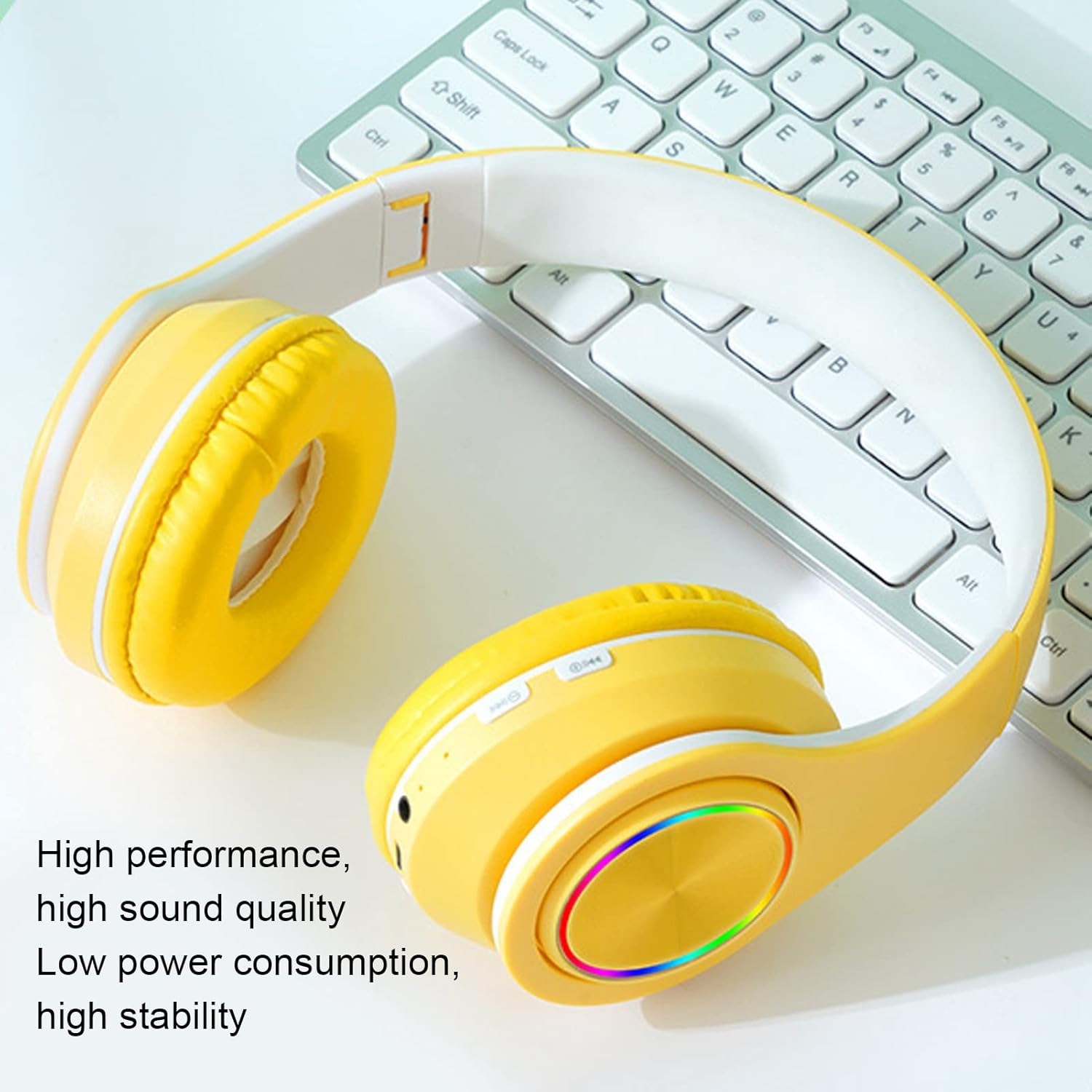 Active Noise Cancelling Headphones,Bluetooth 5.0 Foldable Wireless over Ear Headphones,Rgb Colorful Light Headset,Pu Leather Earmuffs Earphone,For Boys,Girls(Yellow) - Green image number 2