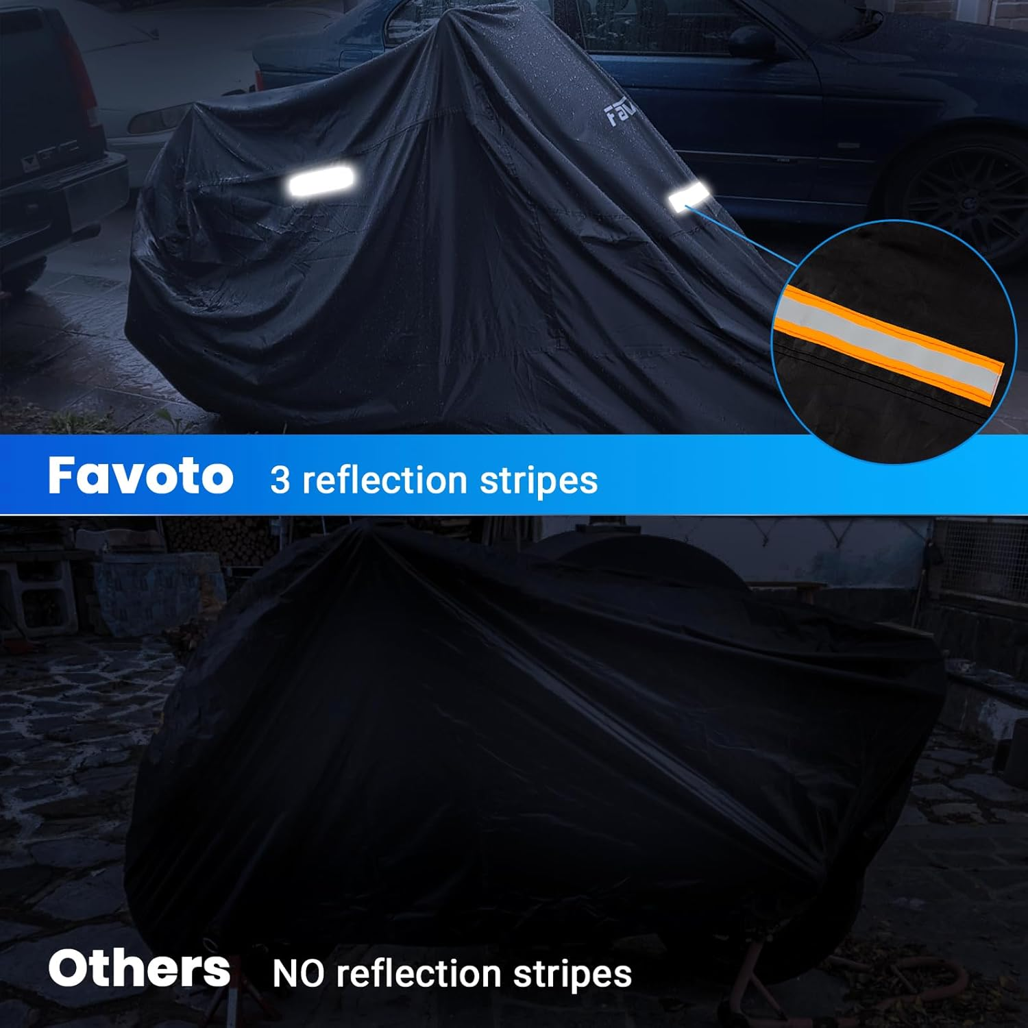 Favoto Motorcycle Cover Waterproof All Season Motorbike Cover 245Cm Long UV Scratch Heat-Resistant Outdoor Protection with Night Reflective Strips Lock-Holes Black 96.55 X 40 X 48 Inch image number 2